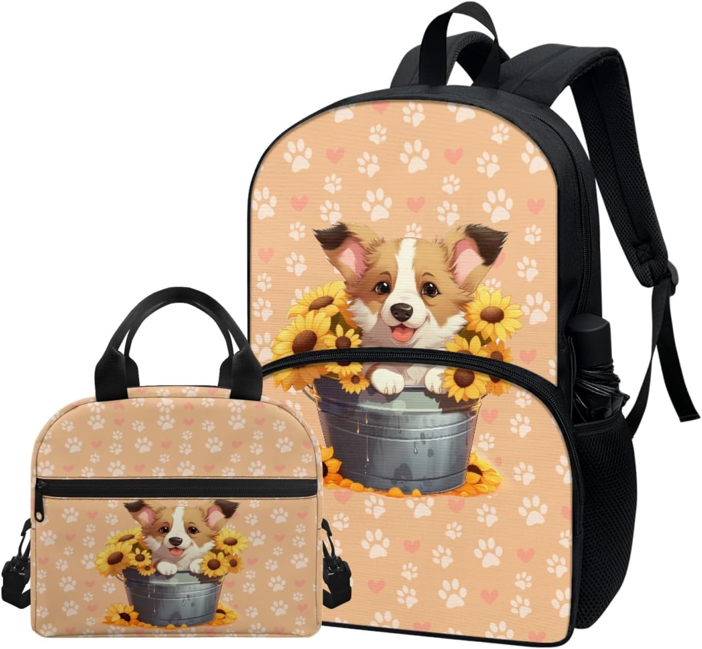 Sunflower Cogi Dog Backpack with Insulated Meal Bag Set 2 Piece for Girls Boys Polyester Fabric Bookbag and Lunch Tote Portable Rucksacks