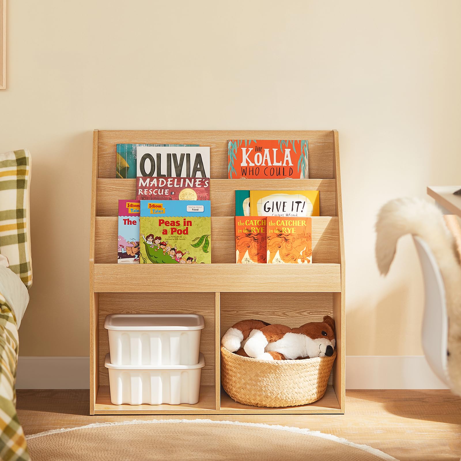 SoBuy Dziecięca Biblioteczka i Regał na Zabawki z 3 Poziomami i 2 Przegrodami, Regał na Książki do Pokoju Niemowlęcego, Naturalny, 73x30x80 cm, KMB01-N