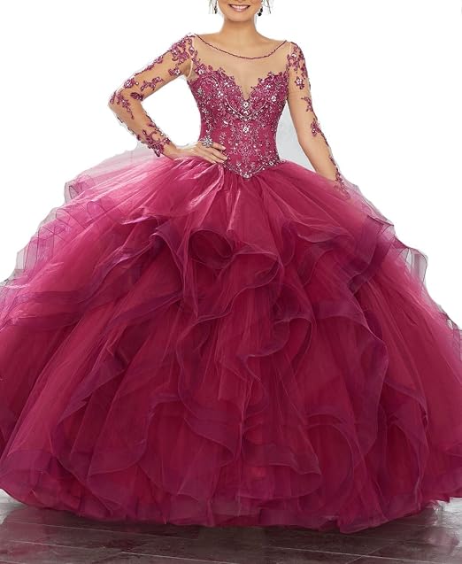 Amazon.com: ladsen Mujer Manga Larga Con abalorio quinceañera vestidos de  baile vestido largo hasta el piso eventos quinceañeras l277, 4, Fucsia  oscuro : Ropa, Zapatos y Joyería