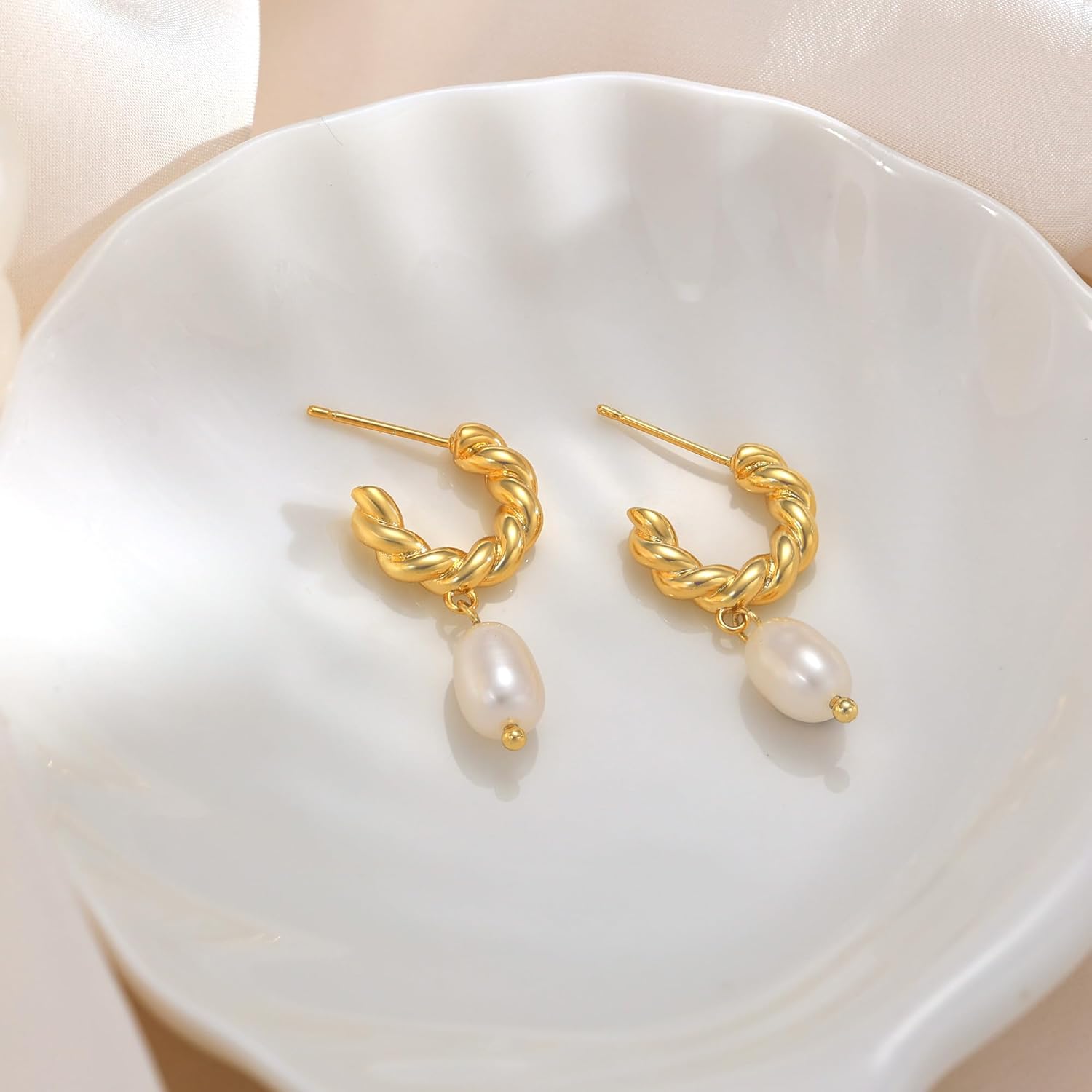 Risamil 14K Gold Plated/Silver Earrings for Women Trendy, Dainty Bow Earrings for Women Cute Pearl Huggie Earring Hoops Twist Rope Bow Stud Pearl Dangle Cubic Zirconia Earrings Jewelry Gifts - Image 7