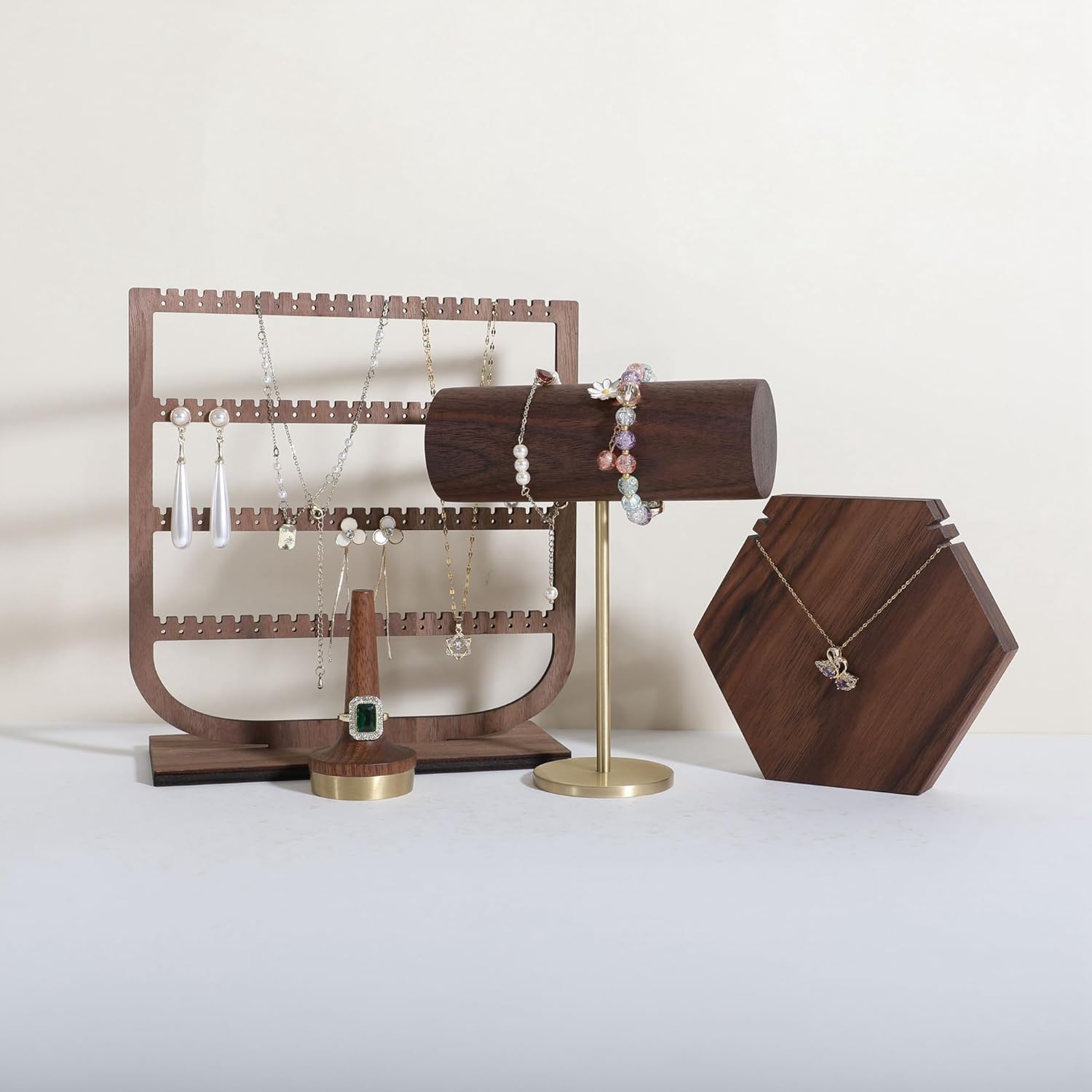 GemeShou Wood bracelet rack for selling, Metal brass bracelet display stand, Walnut bracelet holder organizer, Bangle Jewelry organizer T bar stand【Walnut Brass Bracelet Holder-Low】