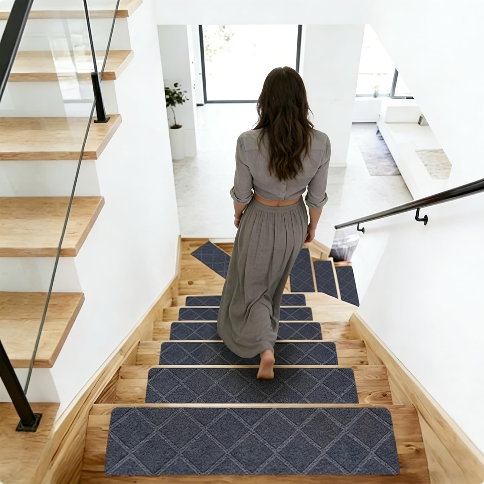 Hcosmy 10 PCS Stair Treads Carpet, Non-Slip Wood Stair Treads Rugs Anti Moving Modern Stair for Indoor, Runners for Kids Dogs, Self Adhesive Stair Mat for Kids and Dogs, 76 X 21cm (A-Grey)
