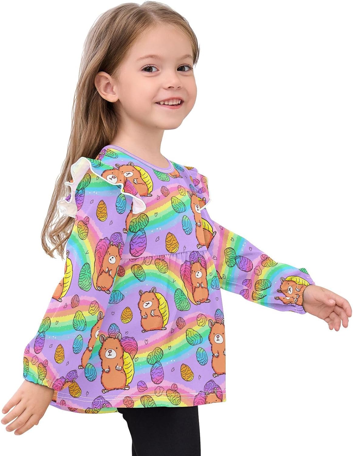 visesunny Toddler Clothes for Girls Rainbow Squirrel Animal Long Sleeve Fall Shirts Cotton Top with Ruffle Collar