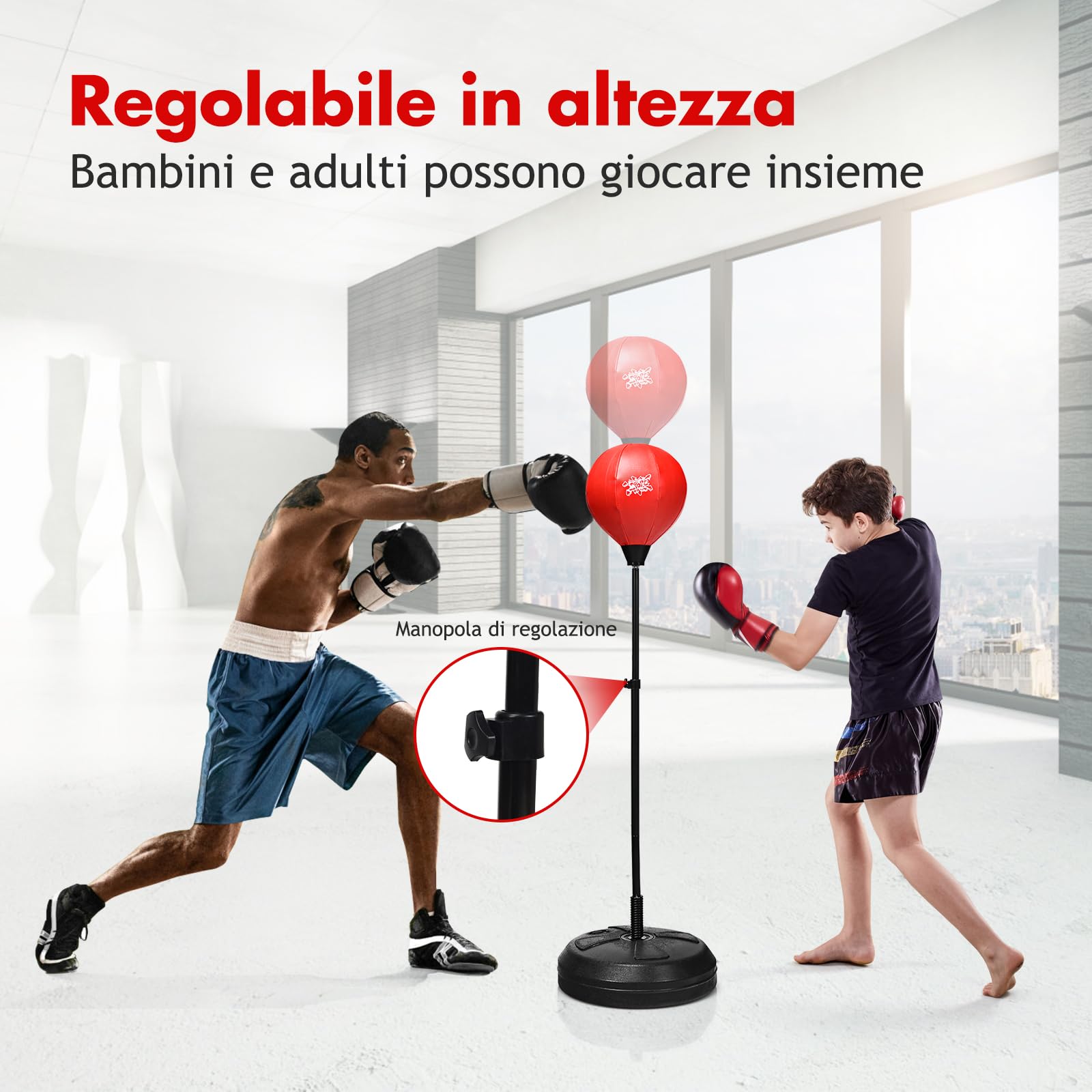 RELAX4LIFE Sacco da Boxe con Guantini per Adulti e Bambini - Punching Ball da Terra Altezza Regolabile da 120 a 154 cm, con Base Stabile Riempibile,Rosso Nero
