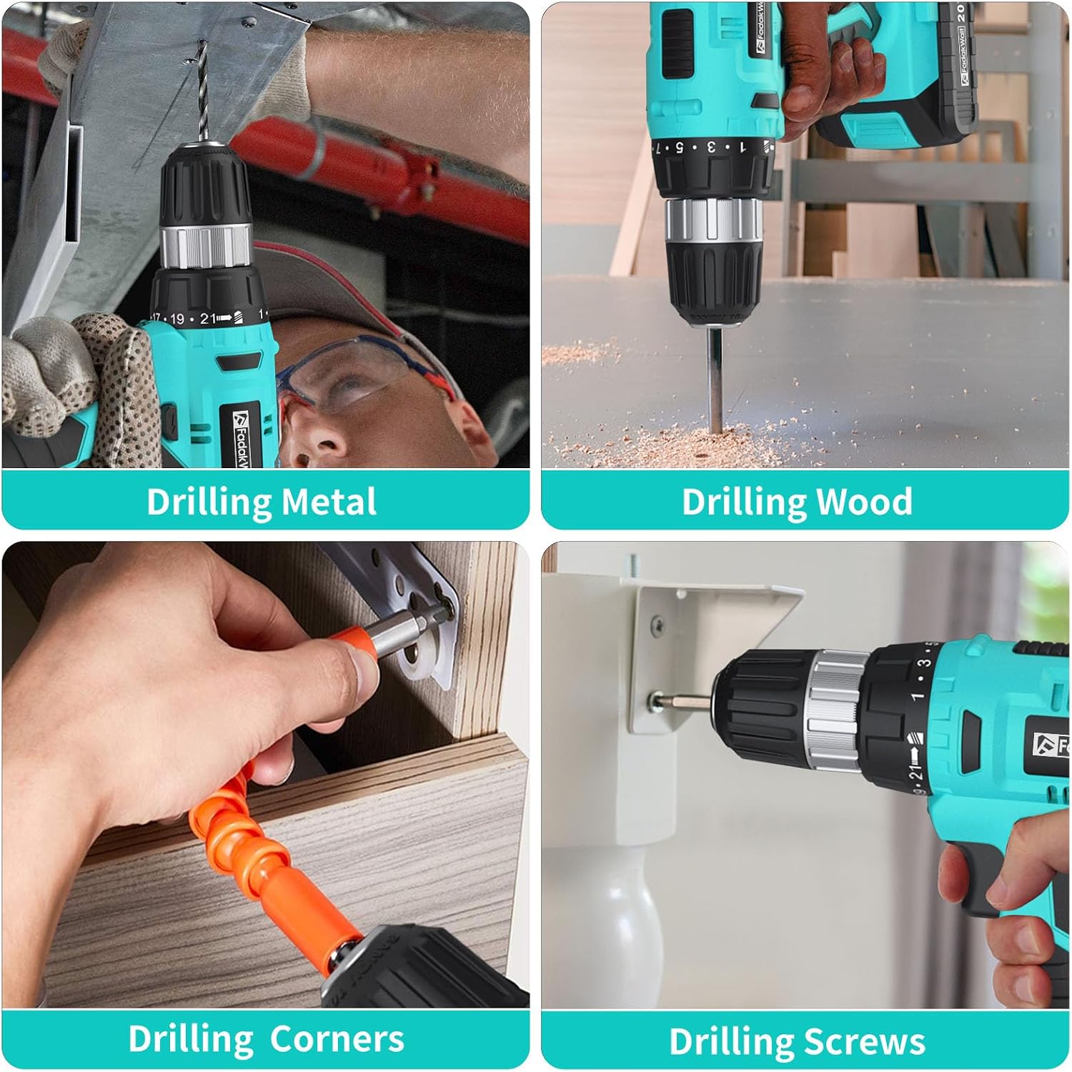 FADAKWALT Cordless Drill Set, 20V Electric Power Drill With Battery And Charger, 30N Torque, 21+1 Settings, 3/8-Inch Keyless Chuck, Driver Bits Kit, LED Light (Turquoise）