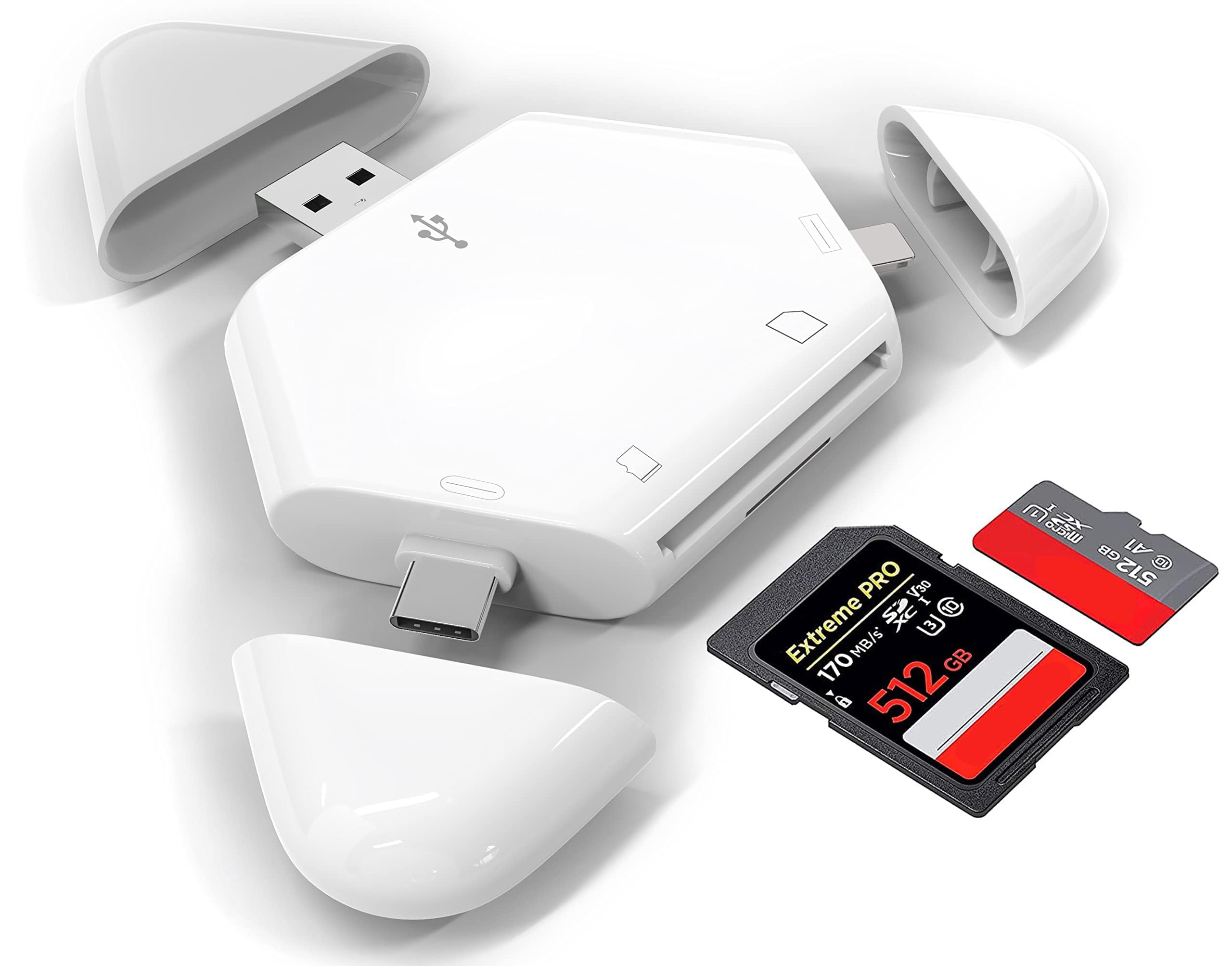 SD Card Reader, Triangle Memory Card Reader for Mobile Computer Tablet with Apple and Type-c Interface, OTG Adapter / Portable Magnetic SD / TF 3 in 1 Card Reader for PC and Smartphone (White & Grey)