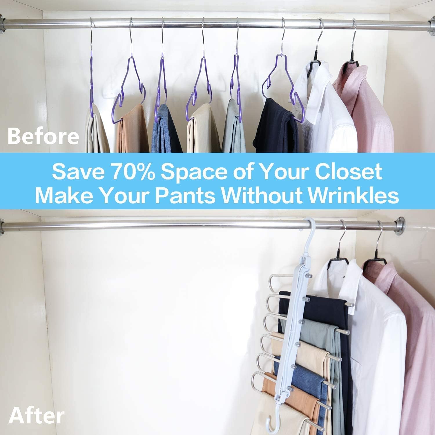 Niclogi Pants Hangers 6 Layers Space Saving Trouser Hangers, 4 Pack Multifunctional Pant Rack Stainless Steel Folding Closet Storage Organizer for Pants Slacks Jeans Trousers Towel(Grey)