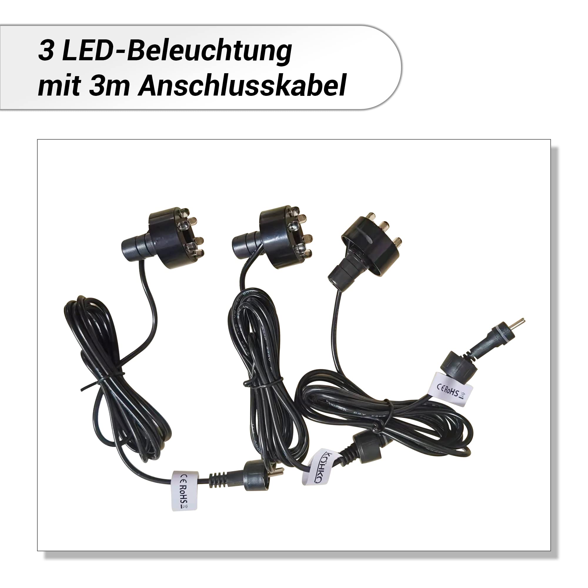 köhko Juego completo de bomba 2000L/H para fuentes de jardín, incluye 3 luces LED (blanco cálido), 3 vías de distribución de agua, manguera, cable de extensión de 5 m, tarfo y junta de espuma