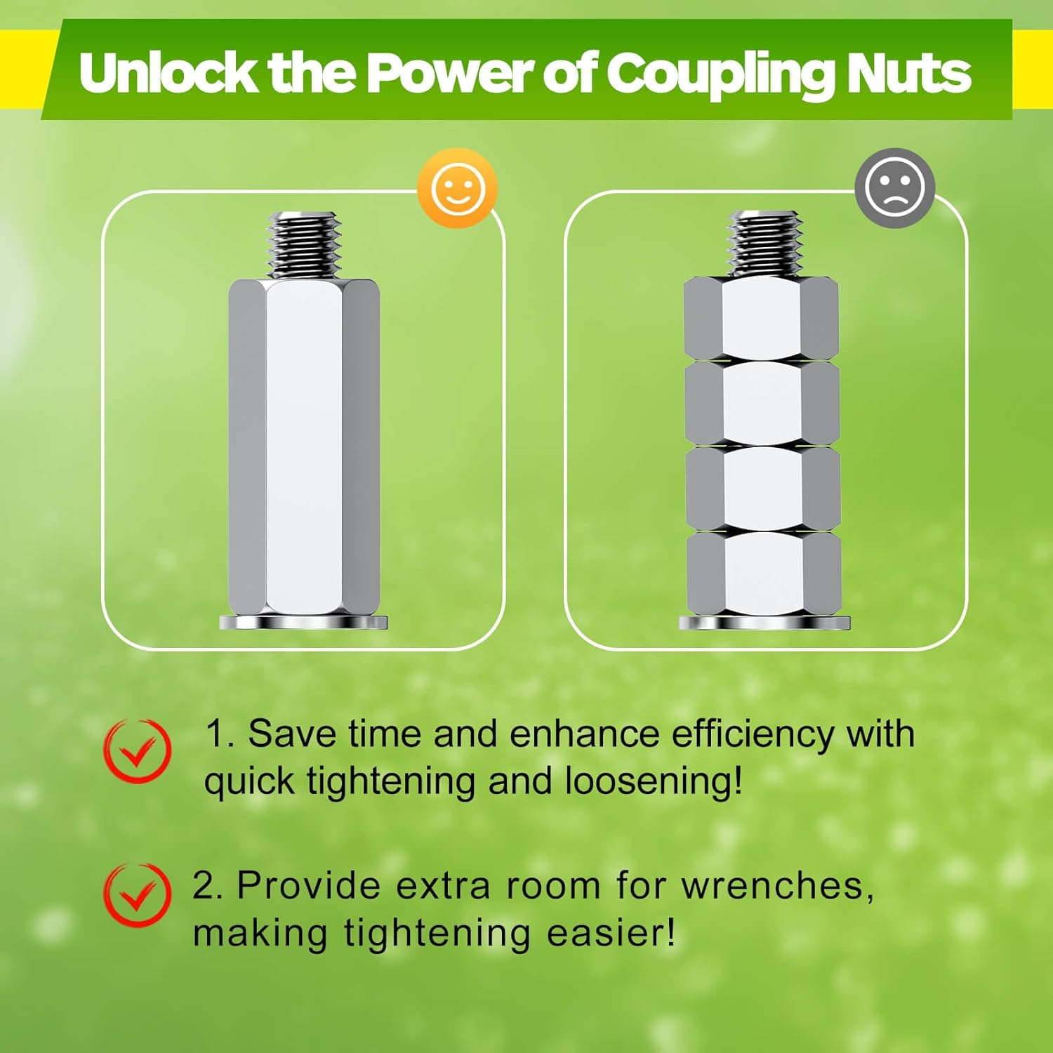 Hex Coupling Nuts 1.75-Inch, 1/2"-13 with 3/8"-16 (60 PCS), Ideal for Threaded Rods & Studs