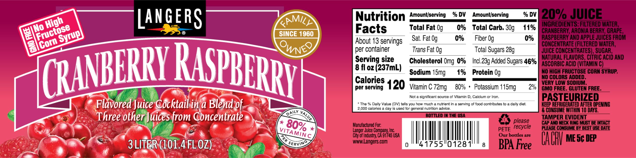 Langers Cranberry Variety Pack, Cocktail, Raspberry, Pineapple, Mango, 101.4 Fl Oz (Pack of 4)