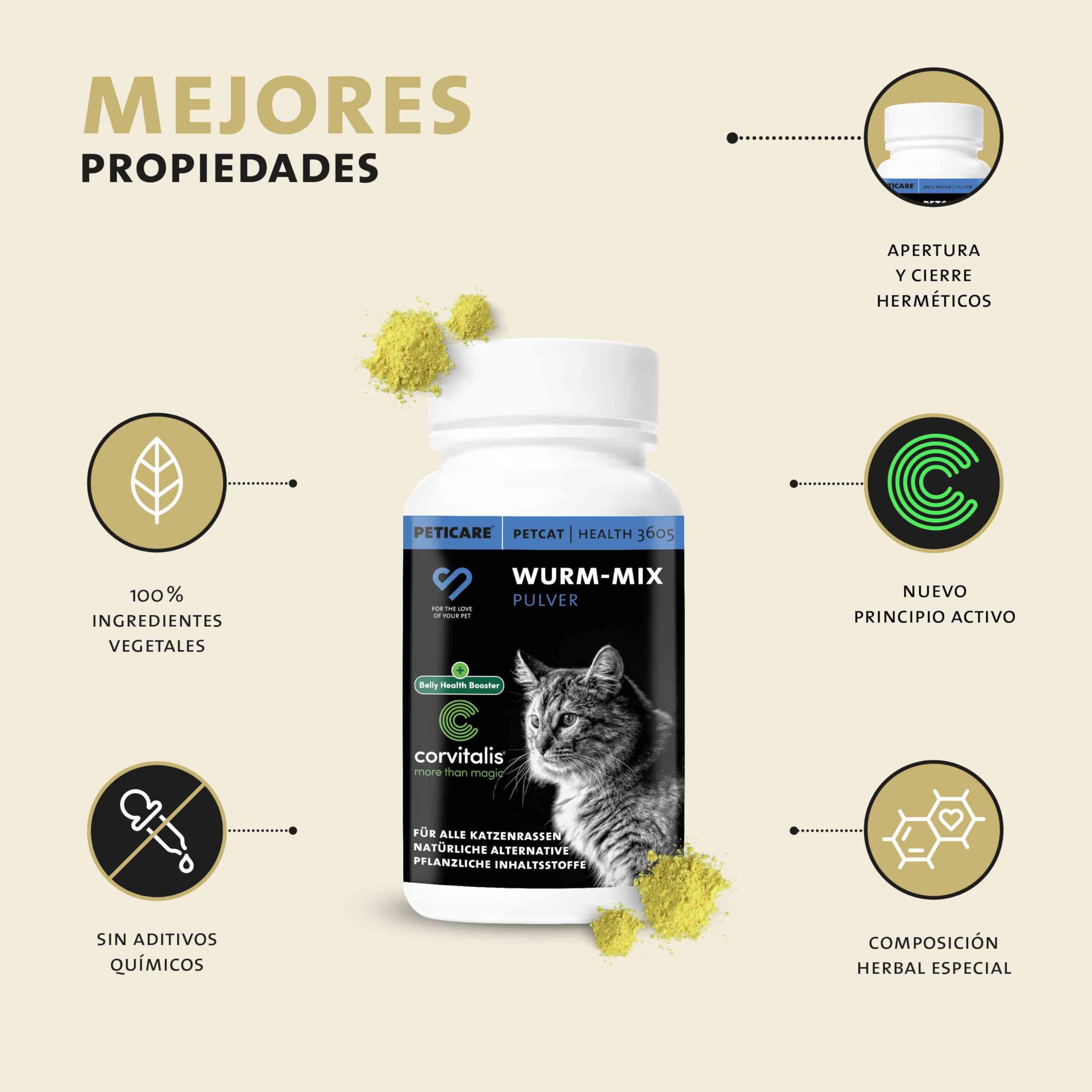 Peticare Desparasitante Antiparasitario para Gatos | Polvo de Hierbas | Remedio 100% Natural con Curcuma y Tomillo contra Gusanos Intestinales, Anquilostomas, Higiene Intestinal | petCat Health 3605