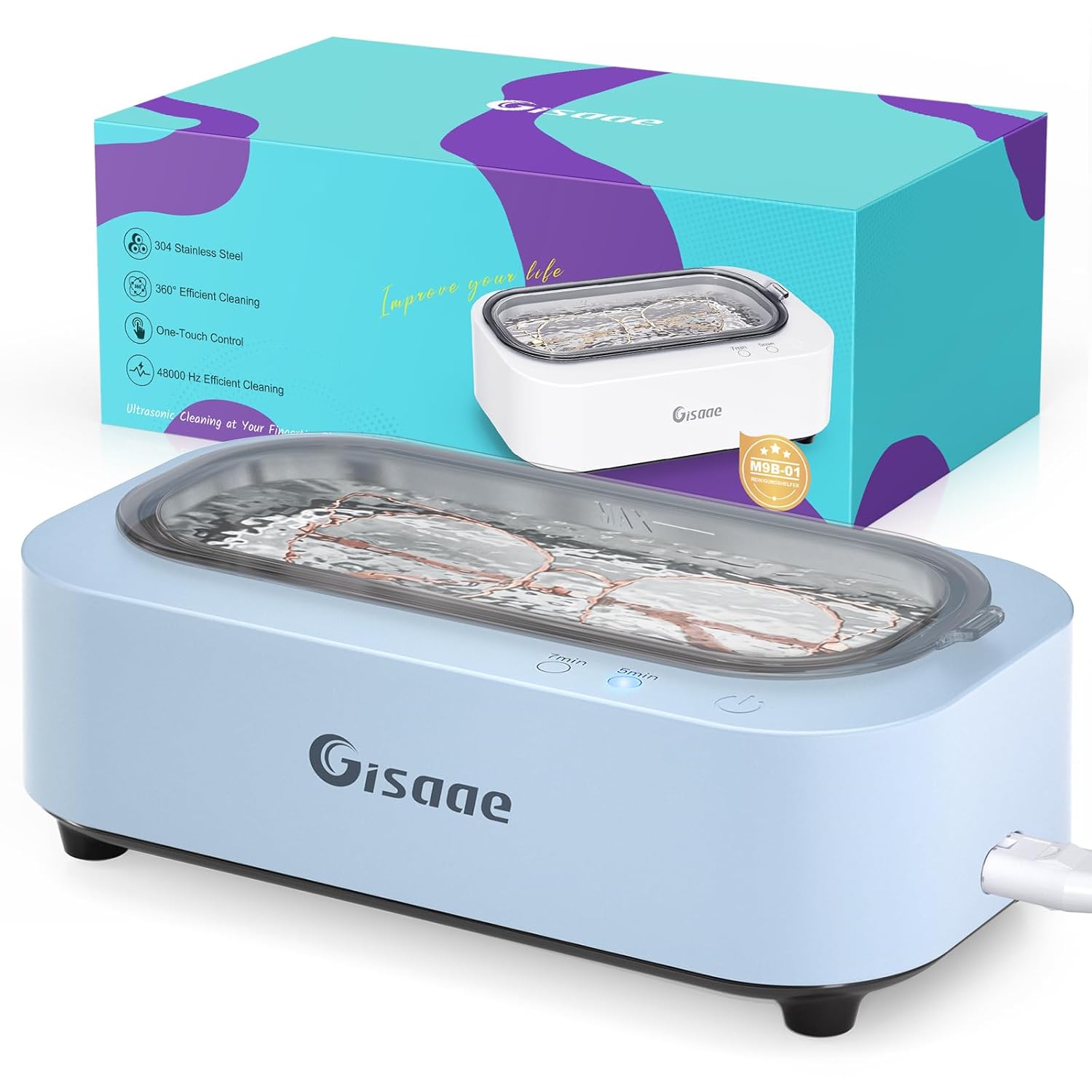 Jewelry Cleaner Light Blue, 12oz Ring Cleaner with 2 Modes, 48kHz Jewelry Cleaner Ultrasonic Machine for Ring, Retainer, Razor, Silver