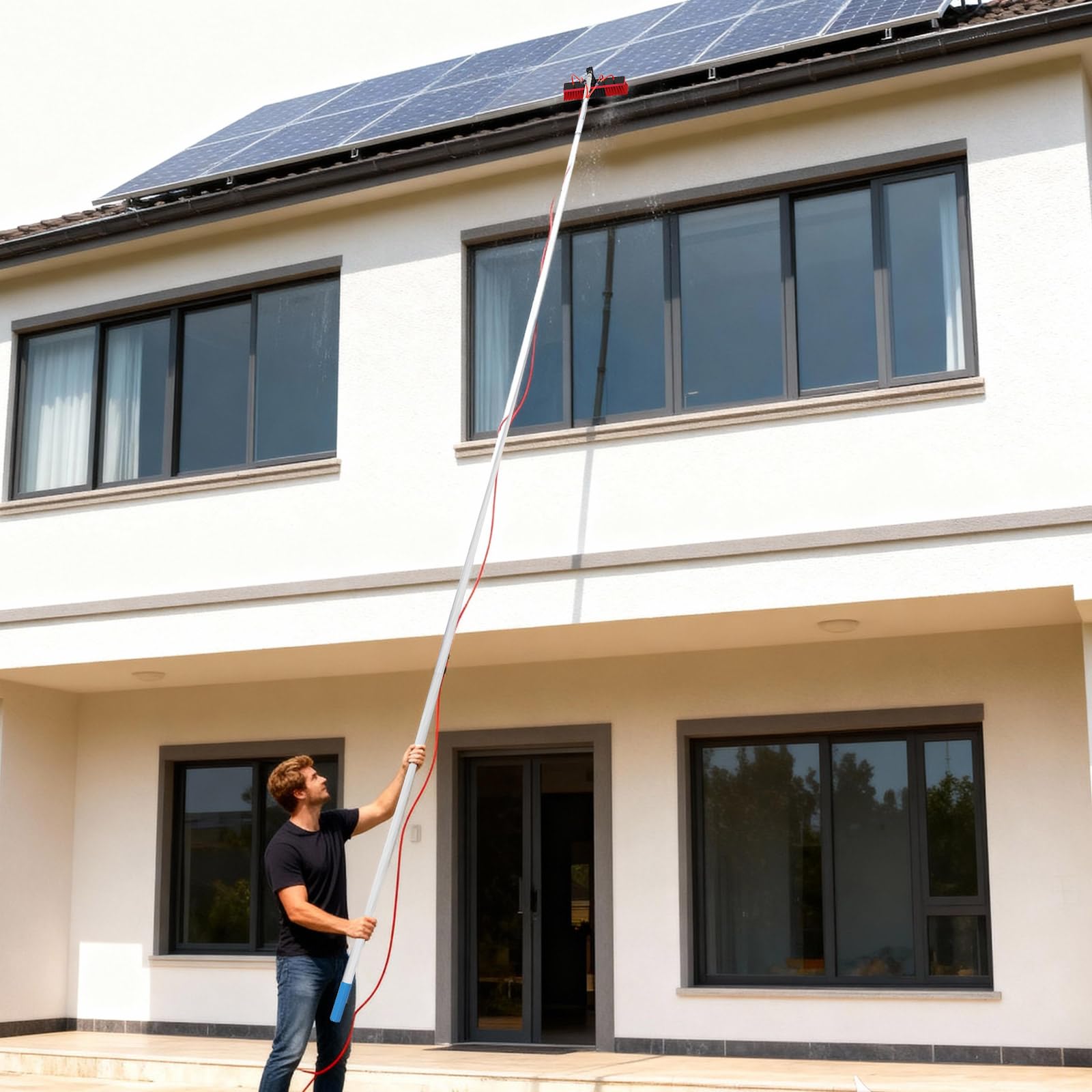 Barra telescópica, cepillo de lavado telescópico con cabezal de 180° de aluminio (7 m) | Cepillo de lavado con mango telescópico, fotovoltaico, barra telescópica para limpieza de ventanas