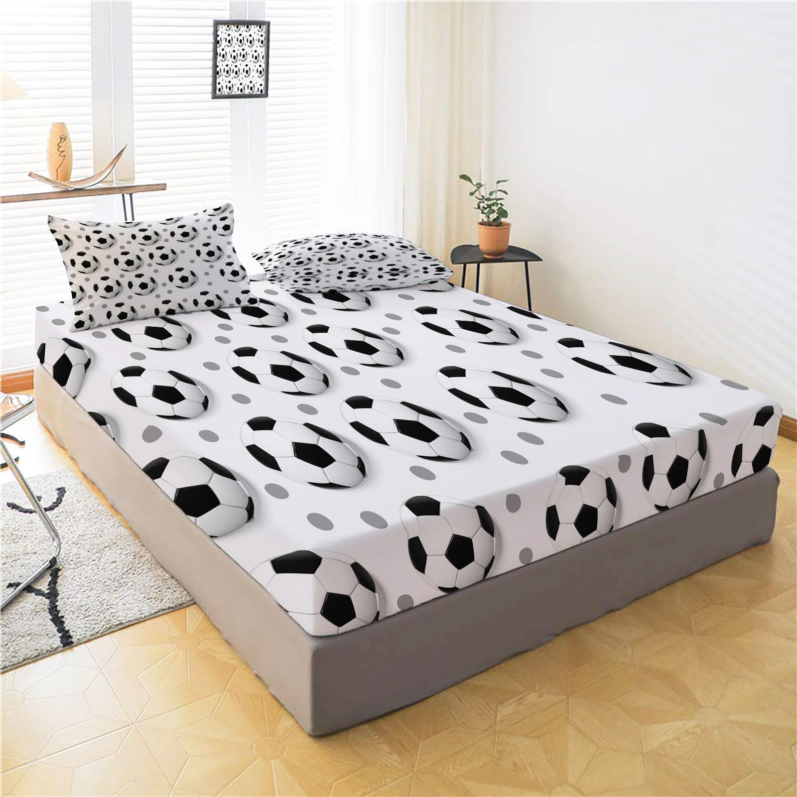 Sábanas 200X190/200Cm - Juego De Sábanas 3 Piezas Estampadas Fútbol De Lunares 3D - Microfibra Suave Transpirable - Sábana Bajera Ajustable - Ropa De Cama Deportes Divertidos (Blanco Y Negro)