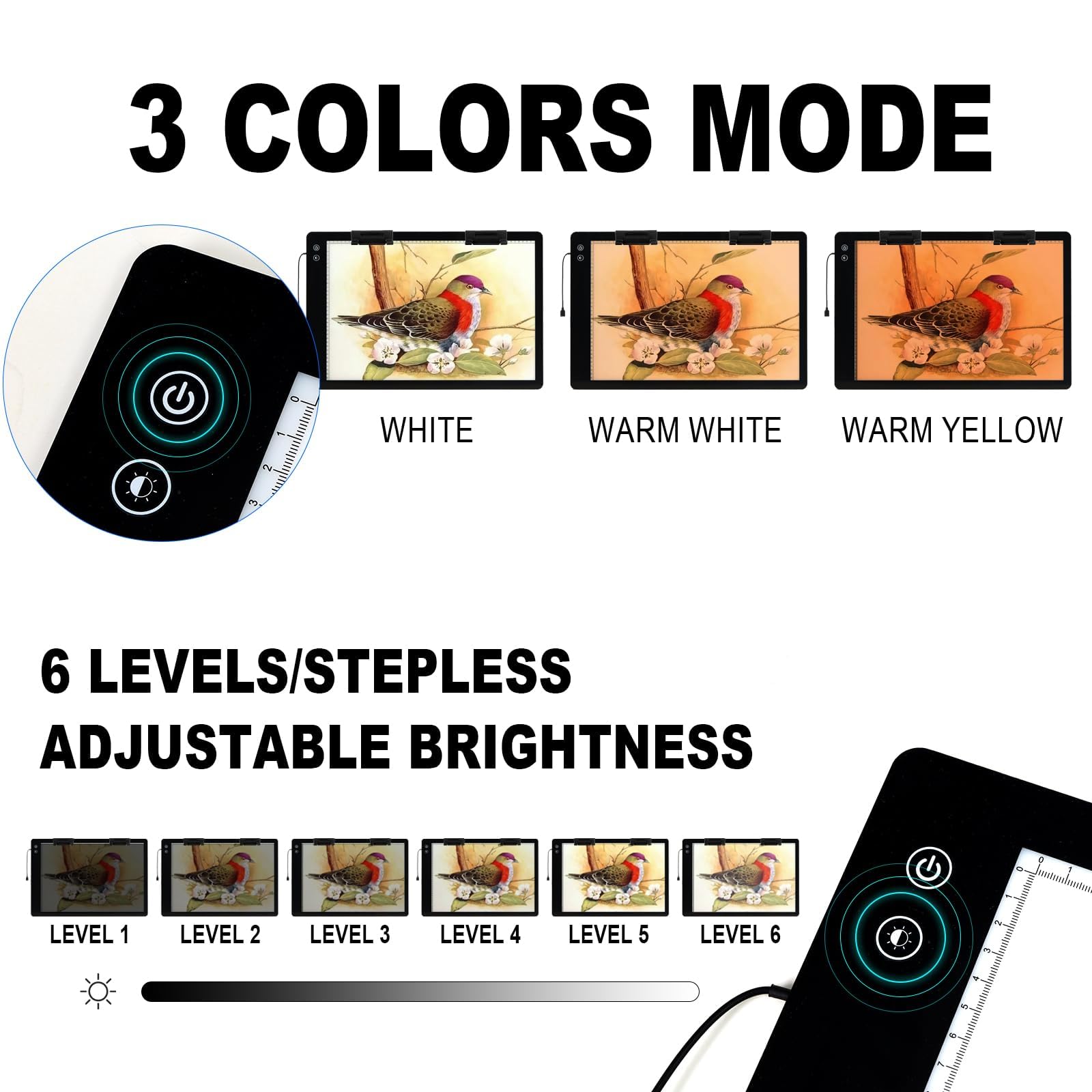 KOBAIBAN Wiederaufladbares großes A2-Lichtpad, 3 Farben, Lichtmodus, Diamantmalerei, schnurloses Lichtbrett, 6-stufige/stufenlos einstellbare Helligkeit, kabellose Künstler-Lichtbox, Kopiertisch zum