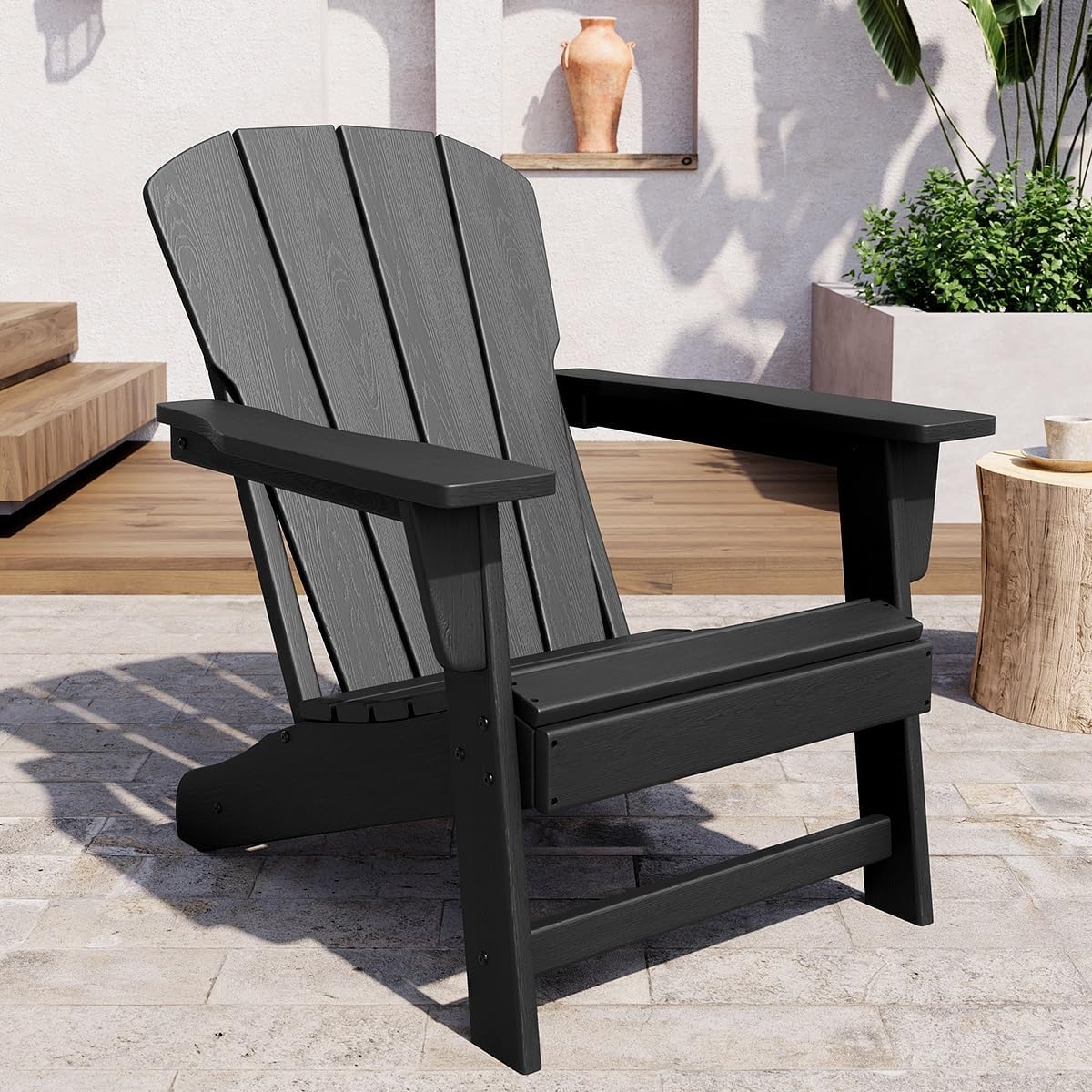 Modern HDPE Plastic Adirondack Chair - Oversize 380 LB Poly Lumber Weather Resistant Firepit Chair - Outdoor Patio Chairs with Wooden Textured for Garden, Backyard, Lawn, Deck, Pool, Porch - Black
