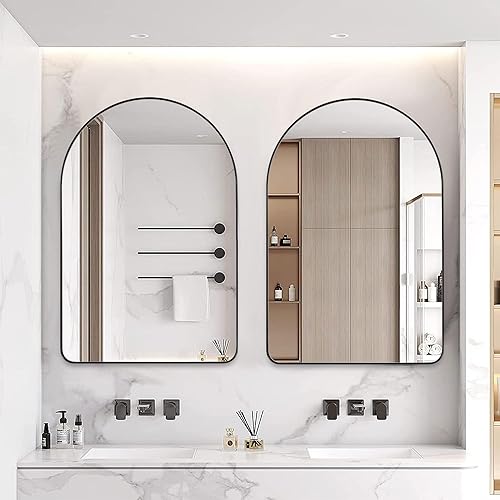Miniatura 6 de ANDY STAR Espejo arqueado, espejo de baño negro de 26 x 28 pulgadas con marco de metal de acero inoxidable, esquina redondeada con arco superior de