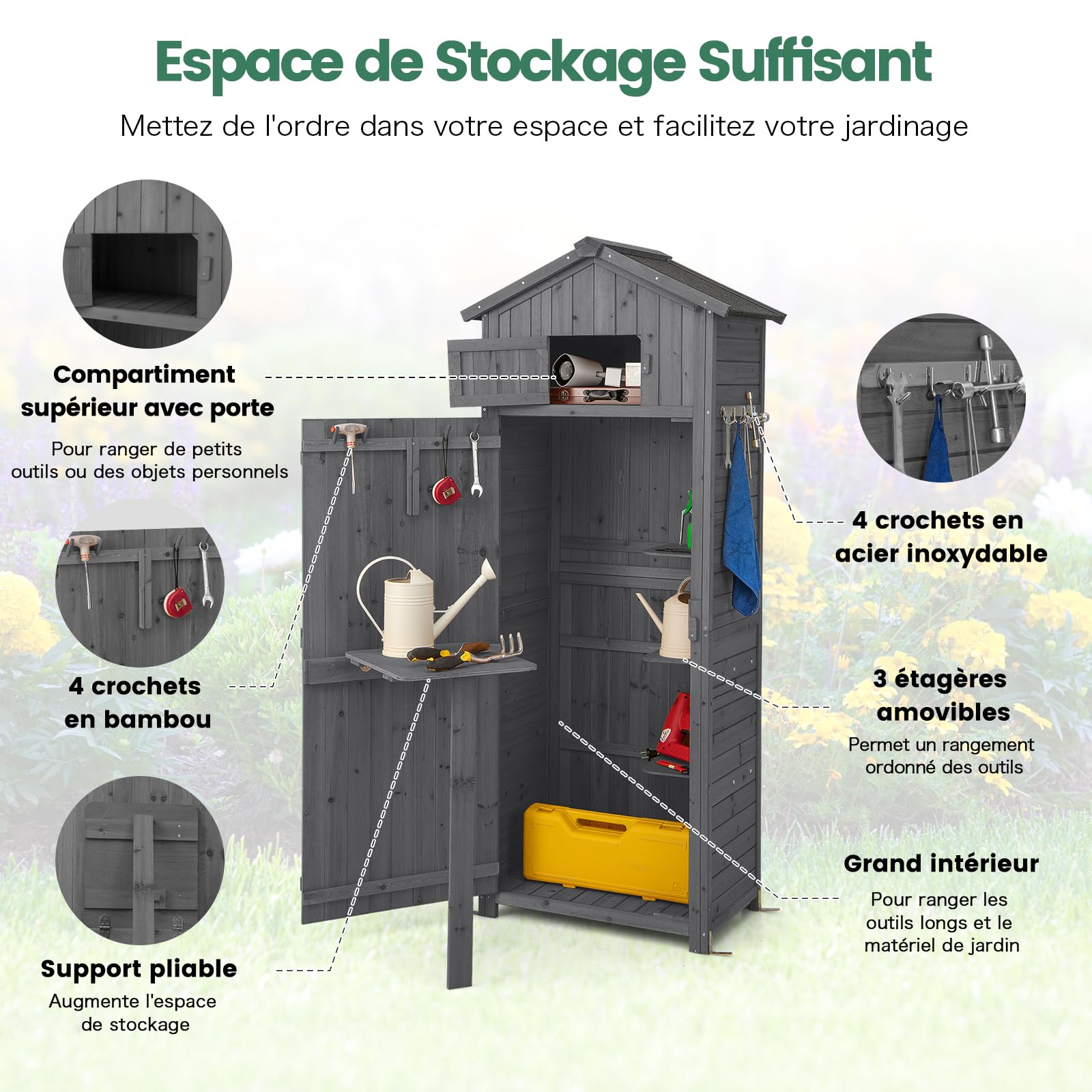 COSTWAY Armoire de Jardin Bois, Abri de Jardin Bois, 3 Étagères Amovibles, Porte avec Loquet, Tablette Pliable, Toit Asphalte, 8 Crochets, Compartiment, Cabanon Jardin Exterieur Bois (Gris)