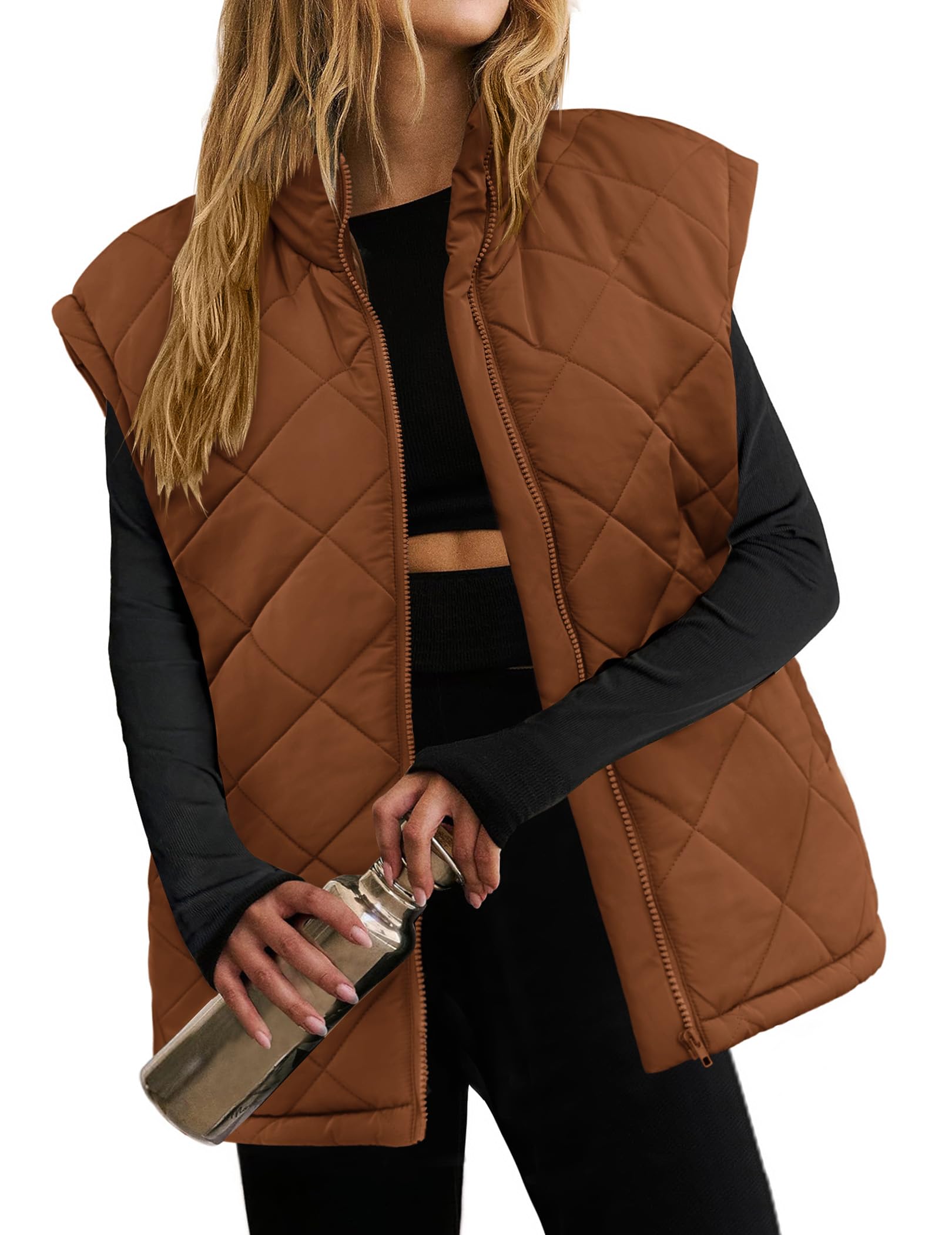 ZEAGOO Weste Damen Kurz Ärmellos Steppweste Herbst Leicht Vest Gilet Warme Winter Jacke Stehkragen Westen mit Reißverschlüsse S-XXL