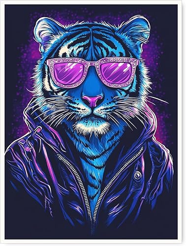 Lienzo decorativo para la pared, arte pop retro de los años 80, póster de lienzo con estampado de tigre azul neón, lienzo con estampado de animales
