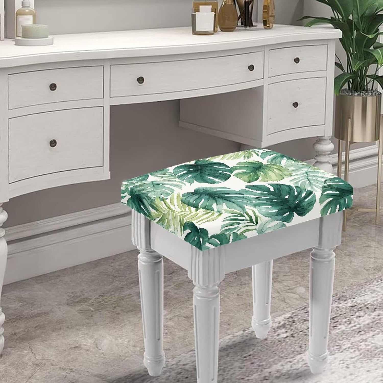 Stretch Rectangle Bar Stool Covers Monstera Deliciosa Saddle Barstool Cover for Counter Height Chairs, Dustproof Vanity Stool Slipcover with Elastic Band for Home Club Pub - 2 Pack