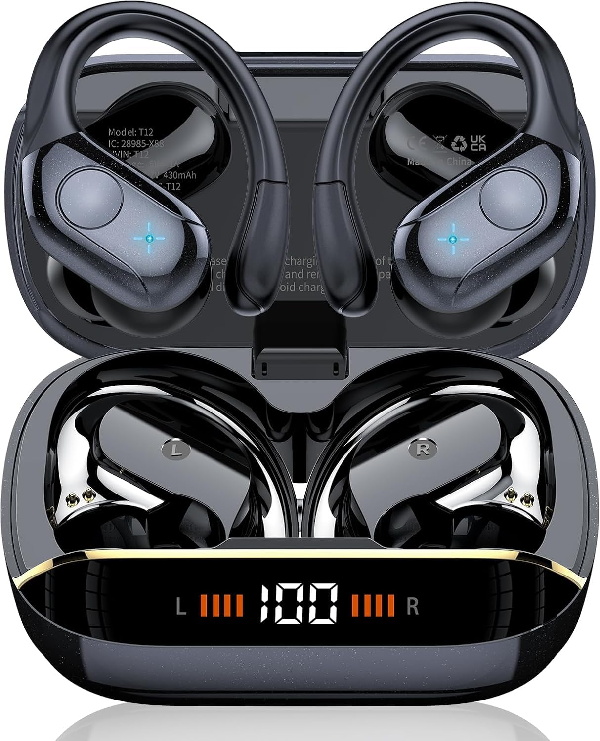 Qecnato Wireless Earbuds Bluetooth 5.4 Headphones 75H Stereo Deep Bass Sports Over Ear Buds with Earhooks, LED Display Bluetooth Earbuds with 4 ENC Mic, IP7 Waterproof Earphone for Running