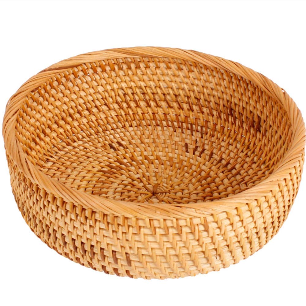 Hadewoven okrągły rattanowy kosz na owoce wiklinowy taca na żywność tkany uchwyt do przechowywania miska do jadalni, 25 cm tkany kosz na chleb miski na klucze ze ścianą 9 cm na stół, blat (średni 22 cm)