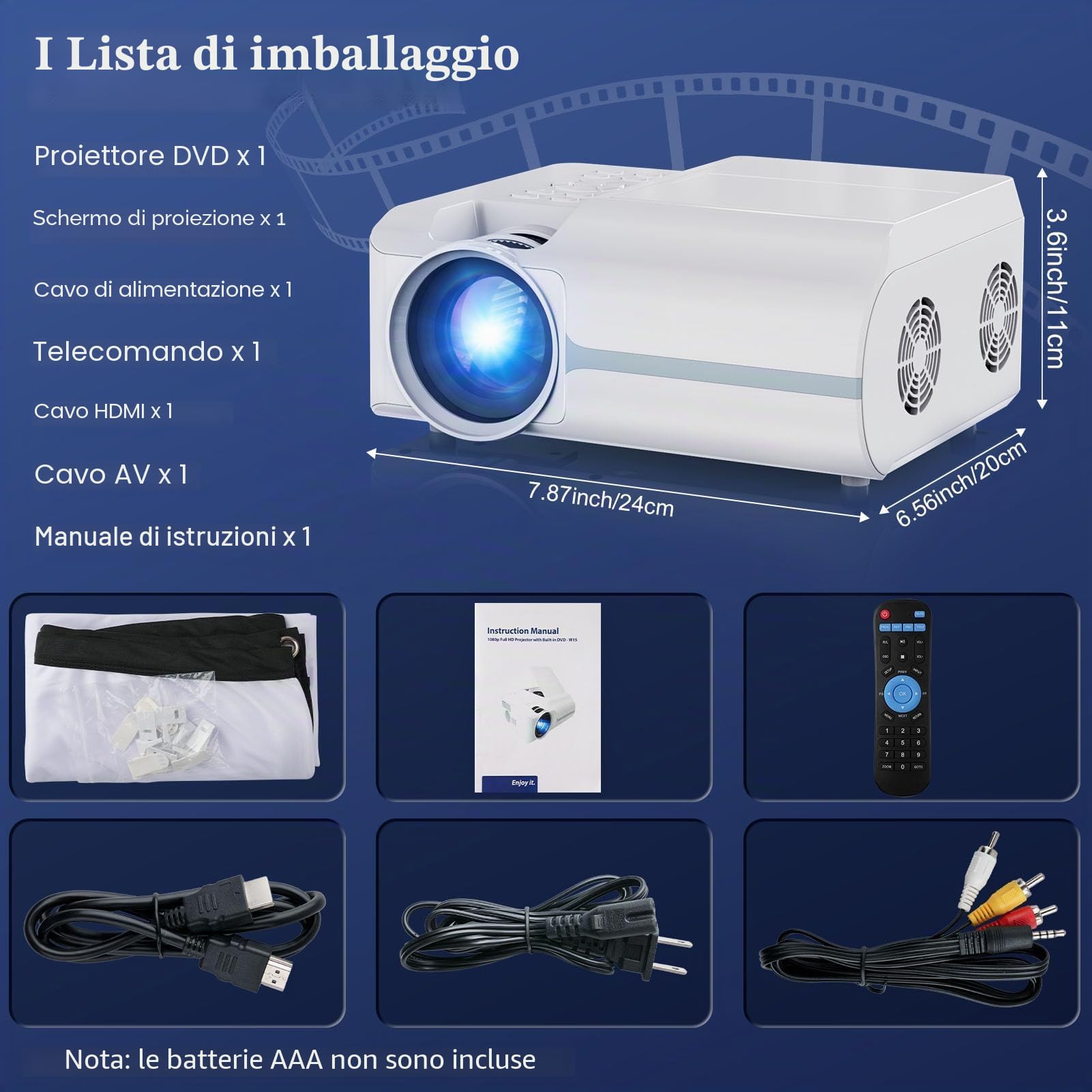 Proiettore DVD portatile con lettore DVD integrato, mini proiettore cinematografico con altoparlante integrato, compatibile con PC/TV/HDMI/USB/AV, schermo HD 1080P da 200 pollici per film