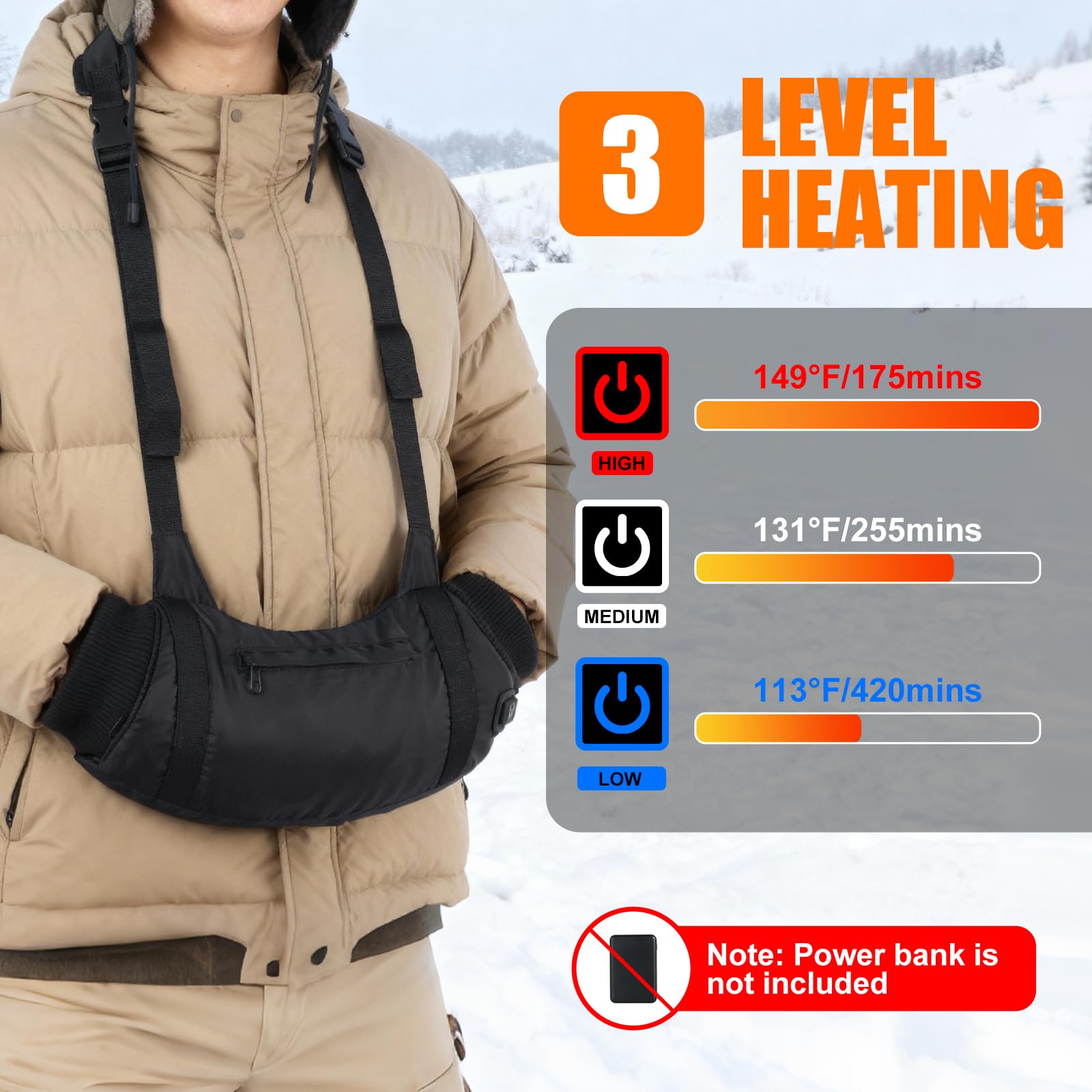 Manchon chauffant électrique avec 3 niveaux de réglage de chaleur, sangle réglable, 2 poches et prise USB pour la chasse, le football, le golf, la pêche, le camping (sans batterie externe)