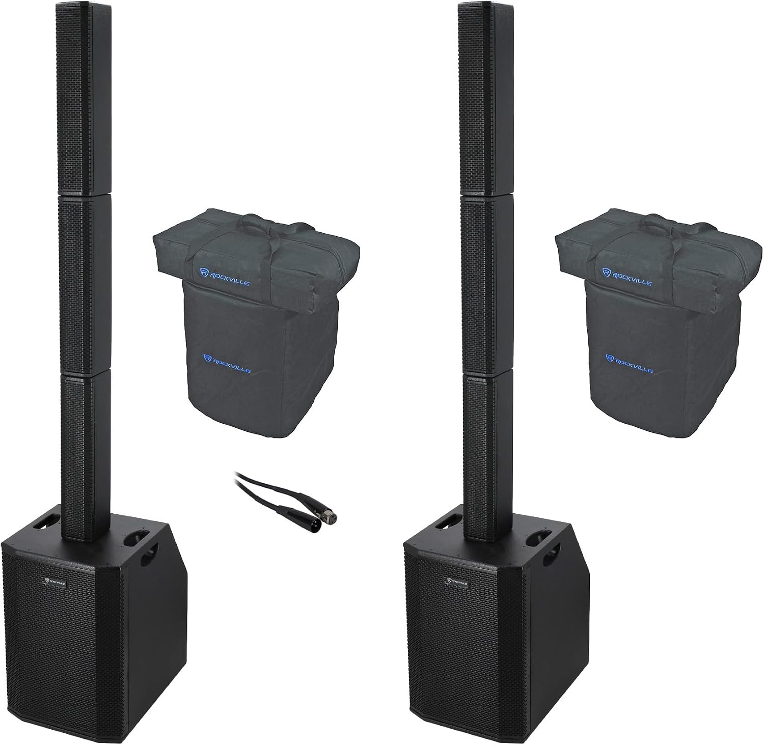 Rockville Titan Array System V2 Bundle: (2) 3200W Peak Powered Column Array Speakers with Dual 10" Subs, RCXFM20E-B 20' Female to Male XLR Mic Cable Black 100% Copper, 3 Items