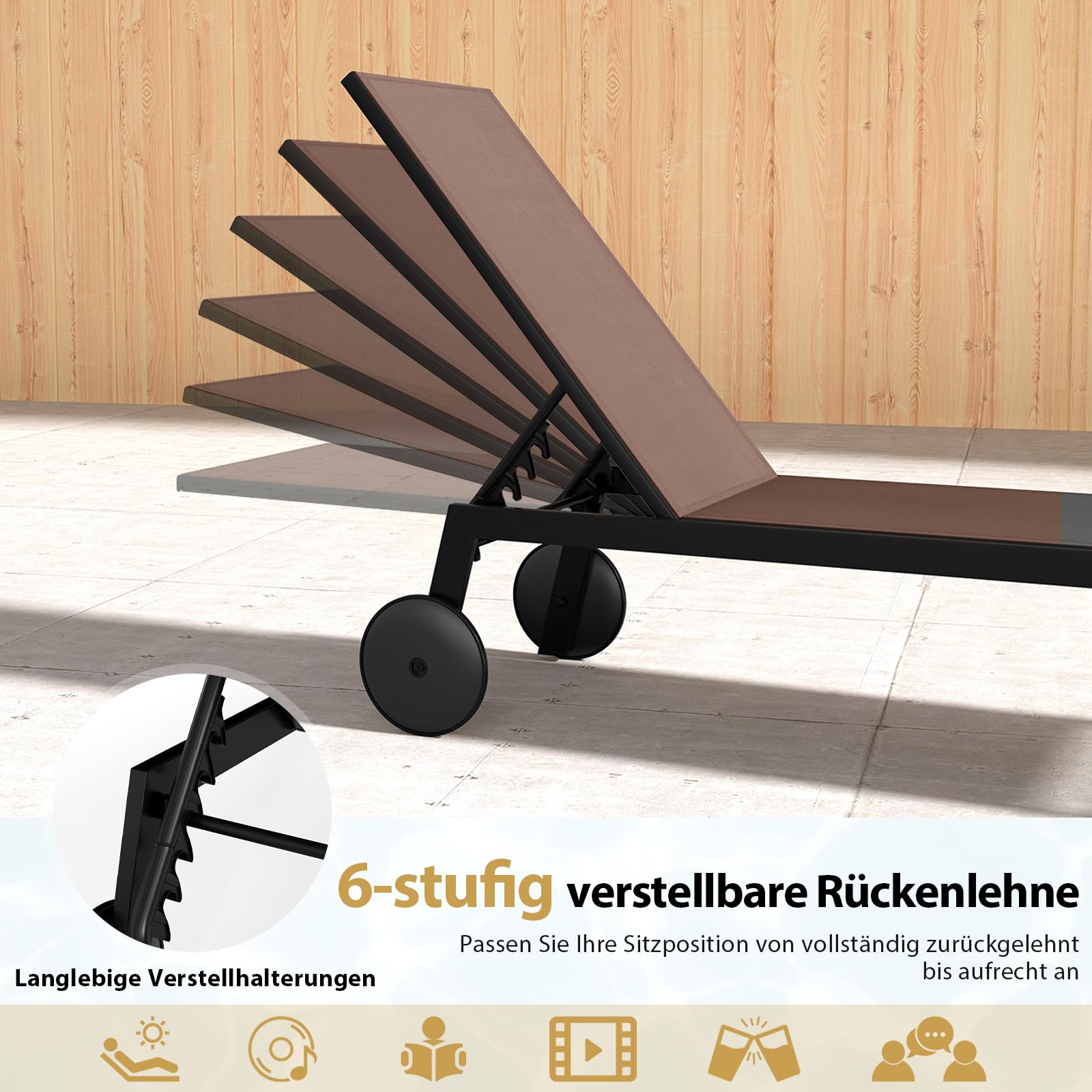 COSTWAY Sonnenliege mit Rollen, Gartenliege mit Verstellbarer Rückenlehne und schnelltrocknendem Stoff, Rollliege bis 150kg belastbar, Liegestuhl für Garten, Balkon, Terrasse (Braun)