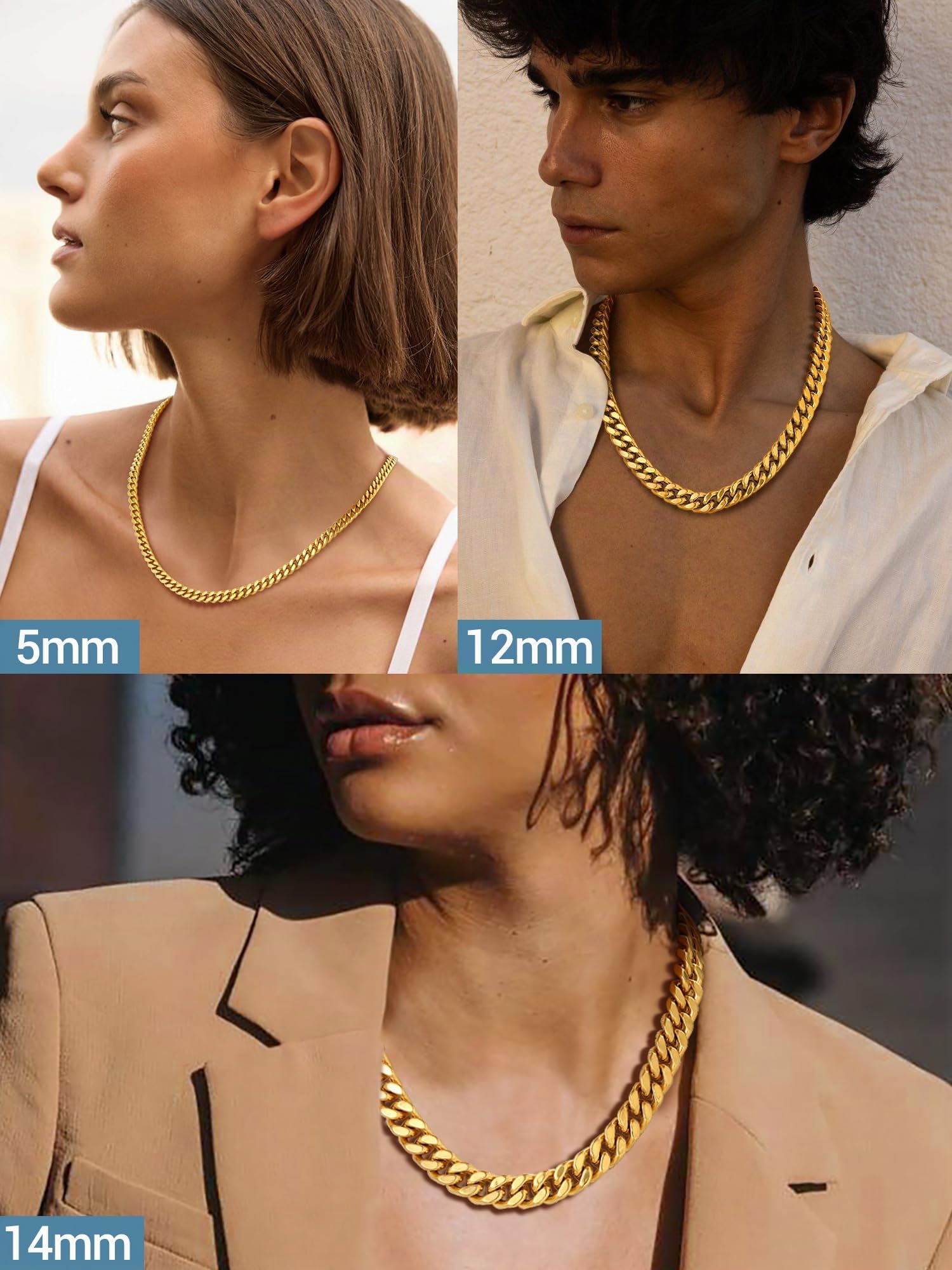 PROSTEEL Cadena Cubana Acero Inoxidable 5/12/14mm Collar Grueso Plateado/Dorado Cadenas Cubanas Eslabones Hip Hop Joyas de Mujer Hombre 46cm/51cm