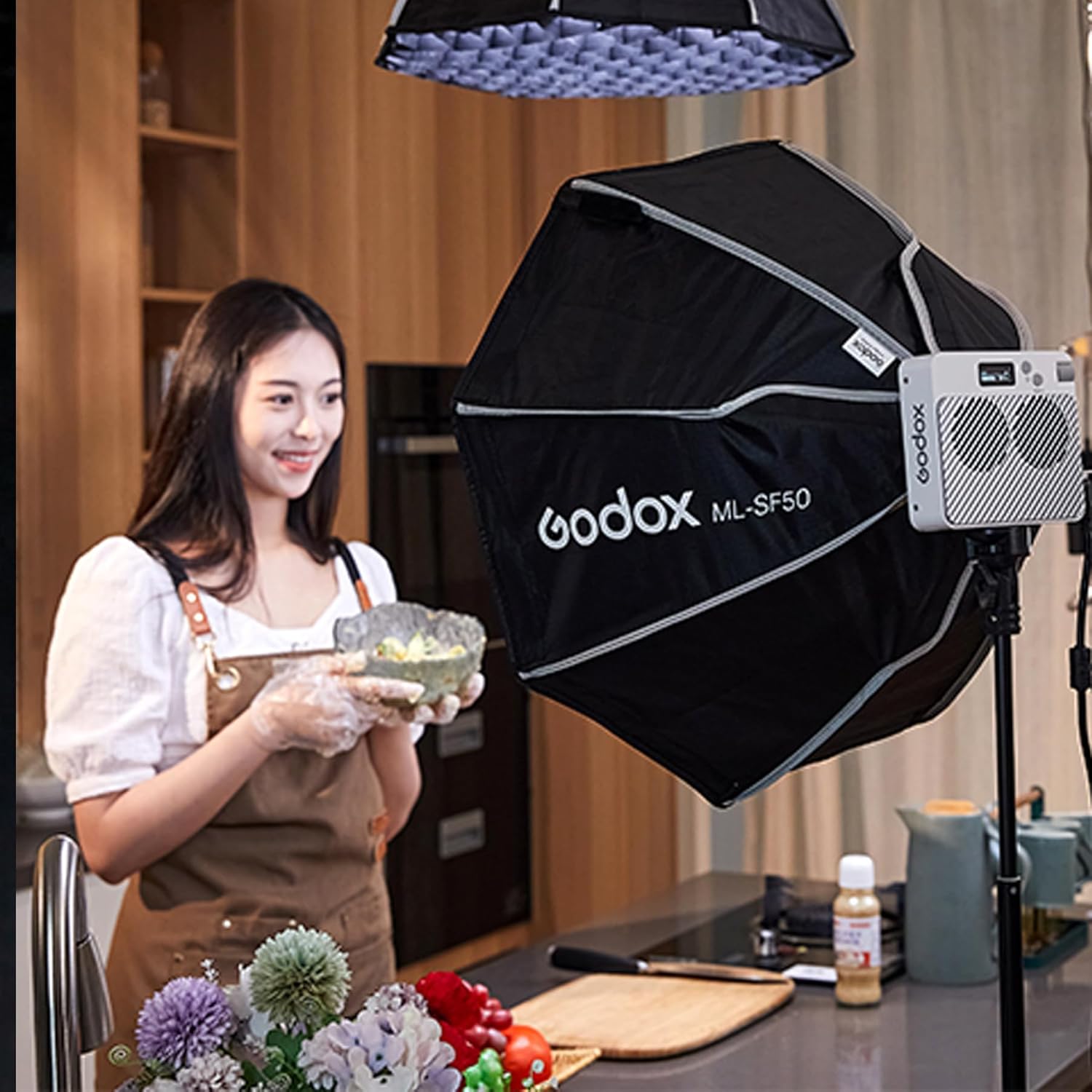 Godox ML-SF50 Octagon Softbox used for food photography in a kitchen setting