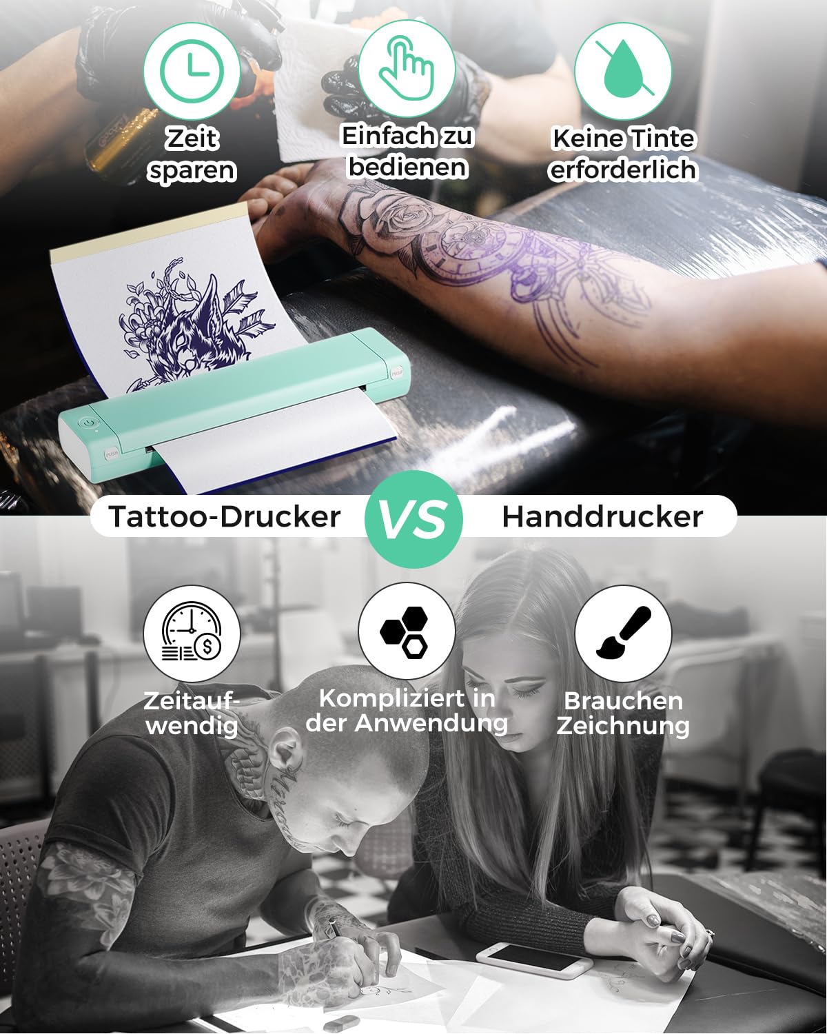 Phomemo M08F Tattoo Maschine Thermodrucker Tattoo Transfer Thermokopiermaschine Drucker Kopierer mit 10 Stück Tattoo Transfer Papier für Tattoo Künstler Kompatibel mit Smartphone & PC