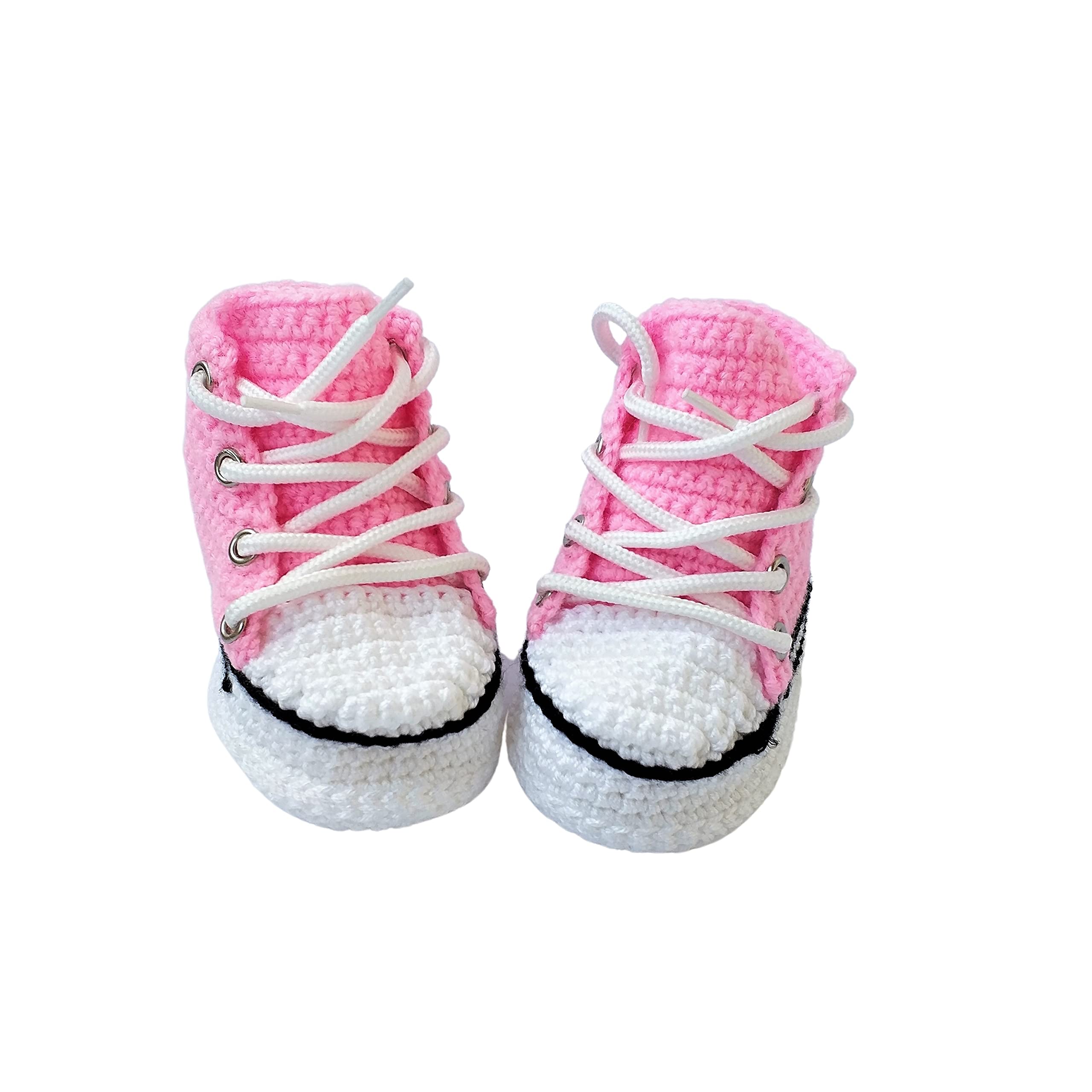 Handgemachte Häkel Merinowolle rosa Baby Booties Sneaker, weiche High-Top Krabbelschuhe für Neugeborene und Kleinkinder, rutschfeste Sohle, individuelle Größen, Geschenk zur Geburt