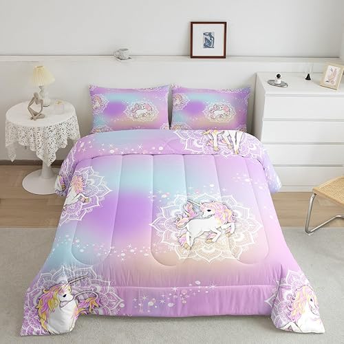 Juego de ropa de cama de unicornio arcoíris para niñas, juego de edredón rosa con purpurina femenina, tamaño matrimonial, juegos de ropa de cama