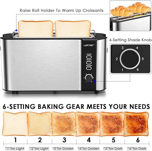 Miniatura 5 de Tostadora de ranura larga, tostadora de 2 rebanadas mejor calificada con estante de calentamiento, ranuras extra anchas de acero inoxidable de 1.7