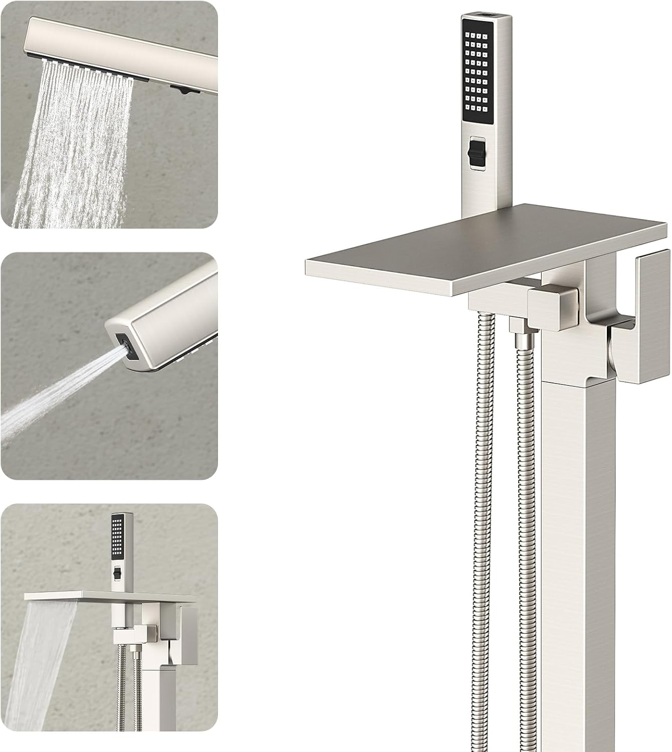 Freestanding Bathtub Faucet with Handheld Sprayer, Matte Black Floor Mount Tub Filler, High Flow Waterfall Brass Bath Shower Faucet for Modern Bathroom