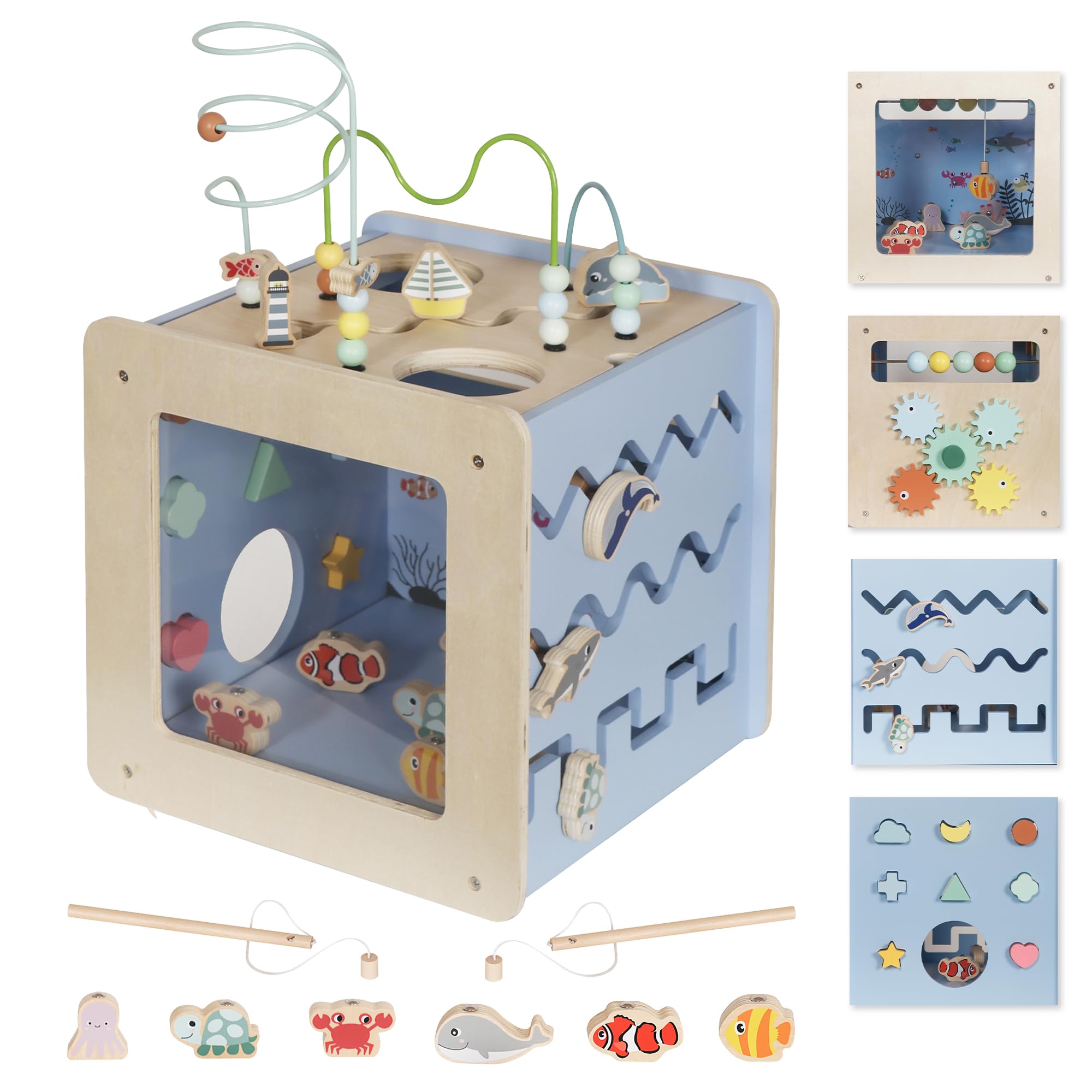 Cubo de actividades de madera con laberinto de cuentas, juguetes Montessori 7 en 1 para niños y niñas de 1 año, juguetes educativo