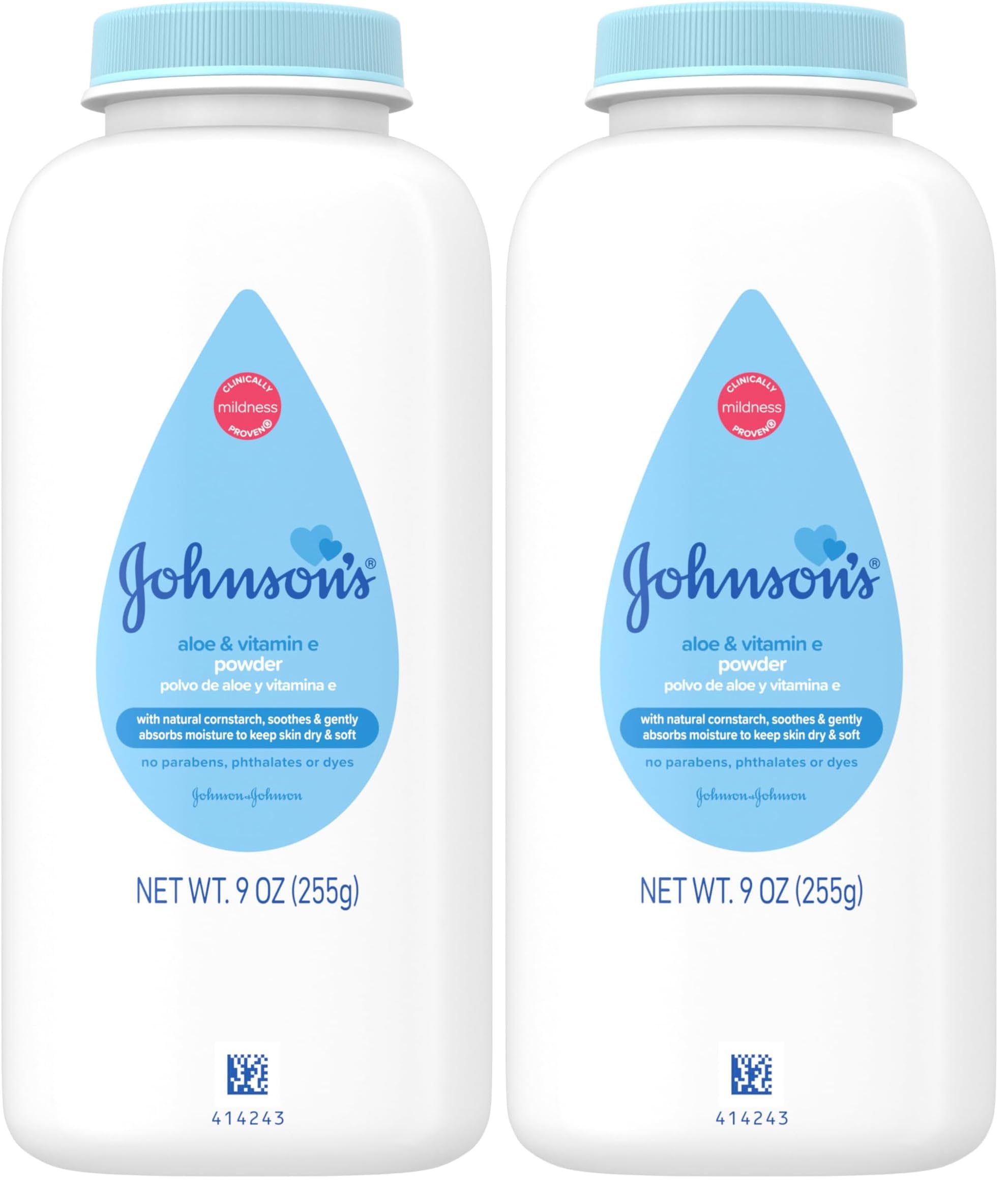 Johnson's Baby Cornstarch Baby Powder, Aloe &amp; Vitamin E for Delicate Skin, Hypoallergenic, No Added Parabens, &amp; Dyes, Silky for Gentle Baby-Skin Care, Baby-Essentials, 9 oz (Pack of 2)