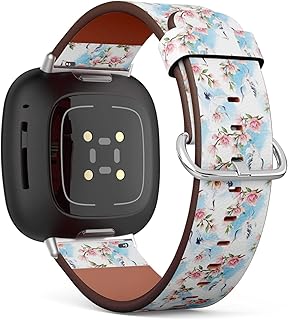 CJBROES Replacement Leather Watch Band, Compatible with Fitbit Versa 3 and Fitbit Sense of Wristband Bracelet Accessory - Watercolor-red-Heads-Crane