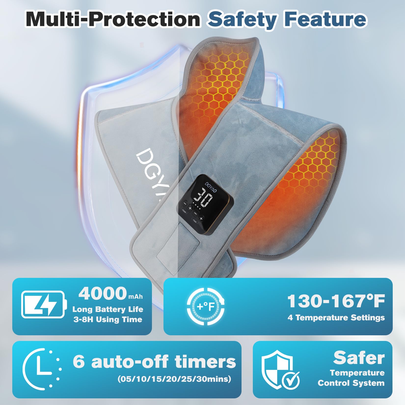 Almohadilla térmica portátil recargable para hombros y cuello, calentador portátil con 4 niveles de ajustes de temperatura y 6 niveles de apagado automático temporizado, alivia el dolor de hombro y