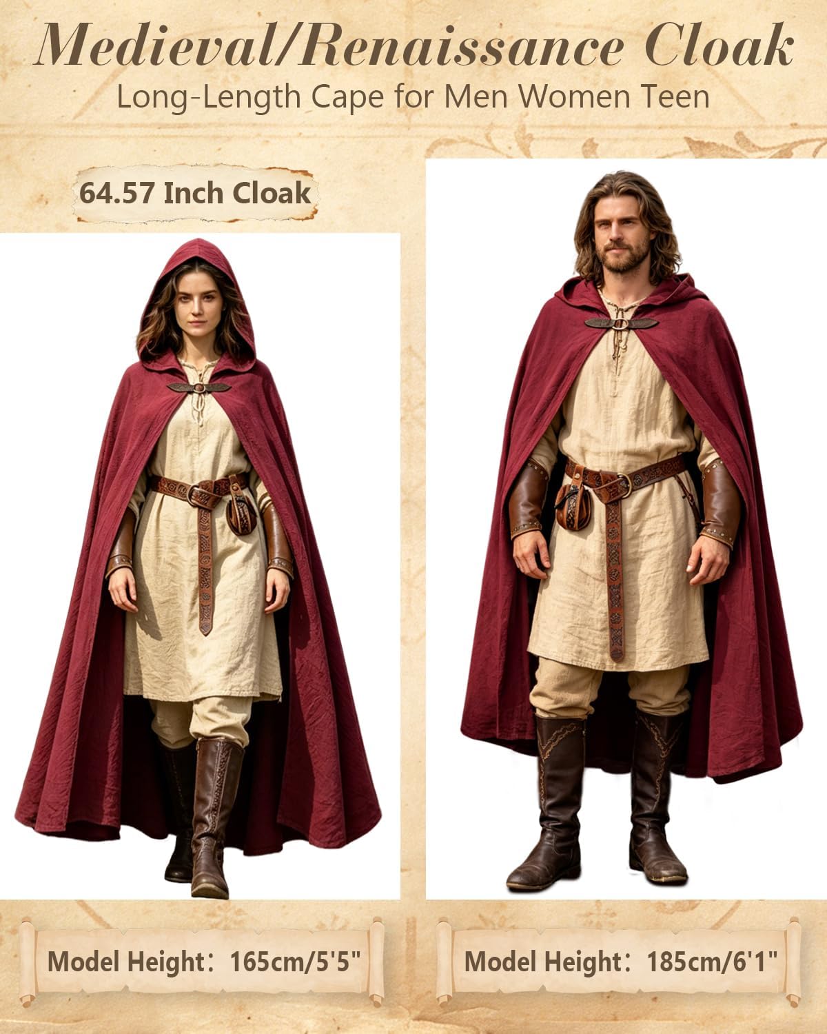 kasahara Renaissance Hooded Cloak Medieval Costume Accessories for Men Women Halloween Costume Cape Belt Pouch Bracers