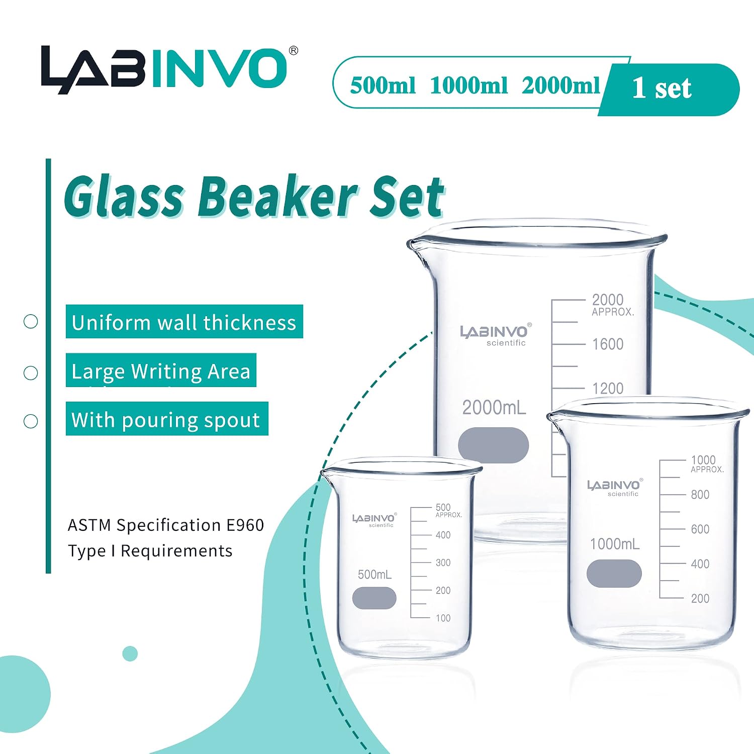 Low Form Graduated Glass Beaker Set, Each 1 PC of Vol.500ml,1000ml,2000ml,3.3 Borosilicate Glass Beakers, IN-BKLS01