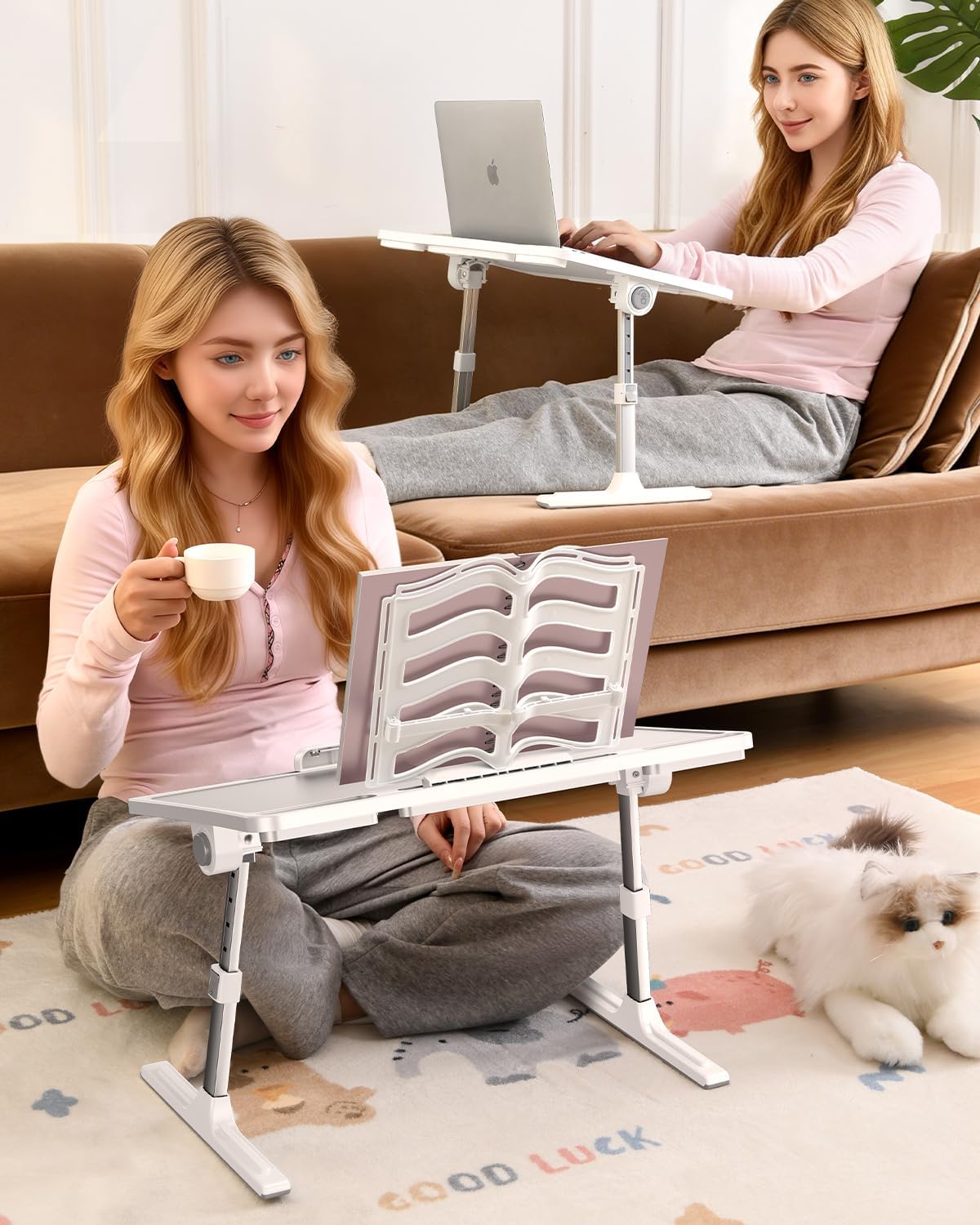 Laptop Desk for Bed, Adjustable Height and Angle Lap Desks for Adults, Laptop Desk with Bookstand for Bed Couch Floor Writing Working Reading Eating Painting, White