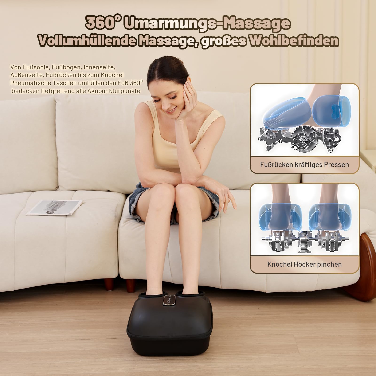 BeSokar Shiatsu Fußmassagegerät mit Fernbedienung, 6D-Knetfunktion, Rollen und Luftkompression, 3 Intensitätsstufen für müde Muskeln und Fußsohlen​​, Wärmetherapie