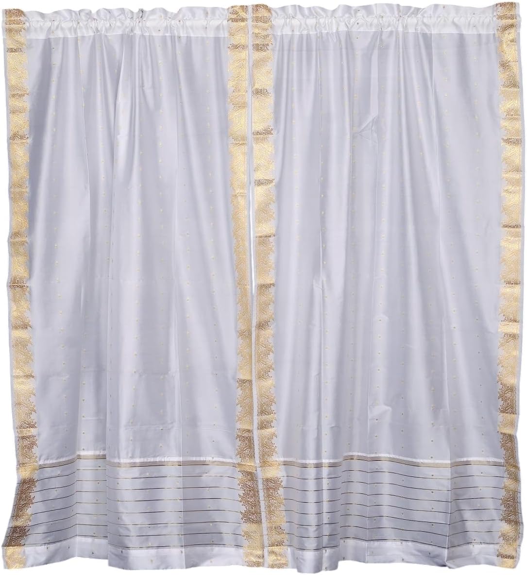 Handcrafted White Indian Sari Curtains, Tiebacks Included Lined Rod Pocket Sari Sheer Curtains, 43" W x 24" L, Privacy & Insulation for Living Rooms, Bedrooms, and Dining Rooms, Sold in Pairs