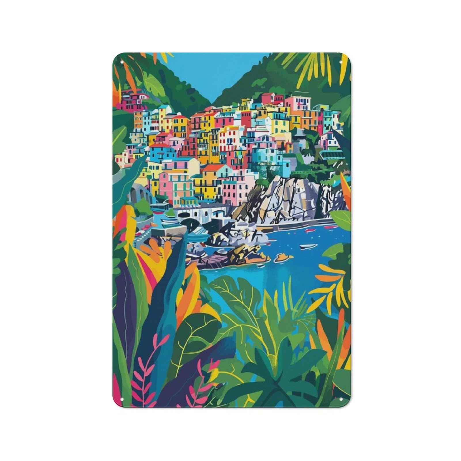 Junmoney Minimalist Italy Art Cinque Terre Coast Cottage Tin Sign 30X20cm Featuring Porch Wall Decor For Shed, Garden Room, Porch Or Garage