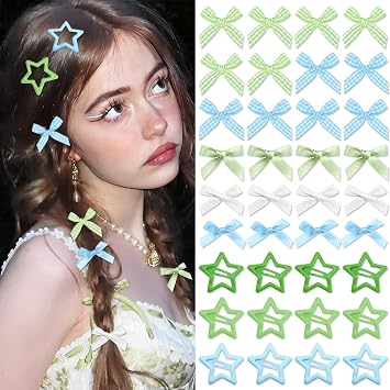36 Pcs Star Hair Snap Clips Green Mini Hair Bow Clips Ribbon Star Barrettes Cute Hair Bows For Women Girls Kawaii Plaid Bow Accessories Y2k Style