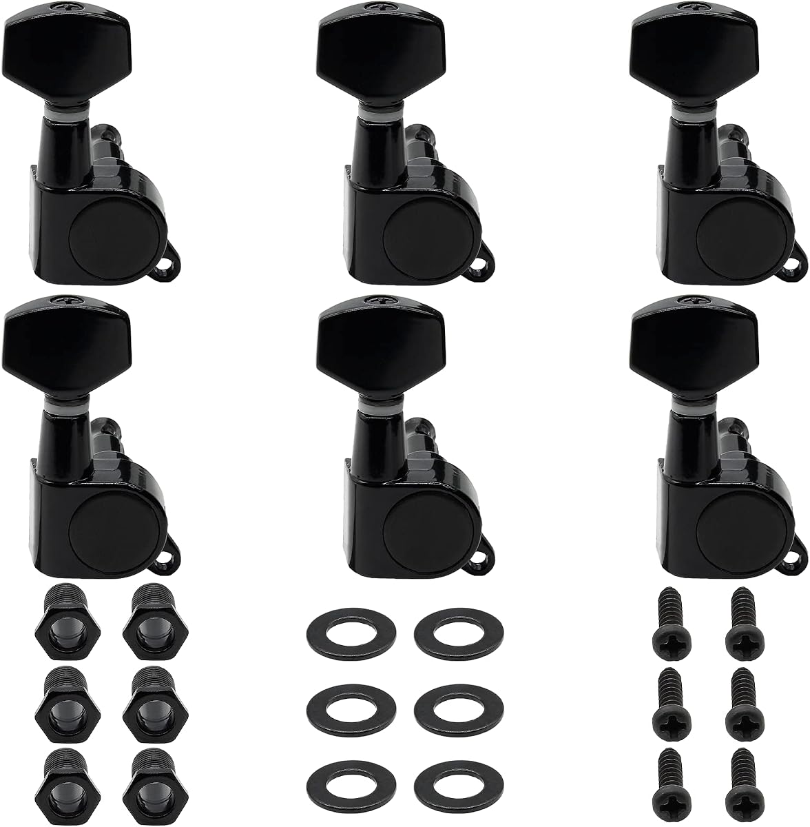 6 Right Hand Guitar Tuning Pegs, Sealed Machine Heads (Black) | Sealed Housing 45° Fixing, Precise Gear Ratio, Fits 10mm Holes, Hardware Included, for Electric Or Acoustic Guitar